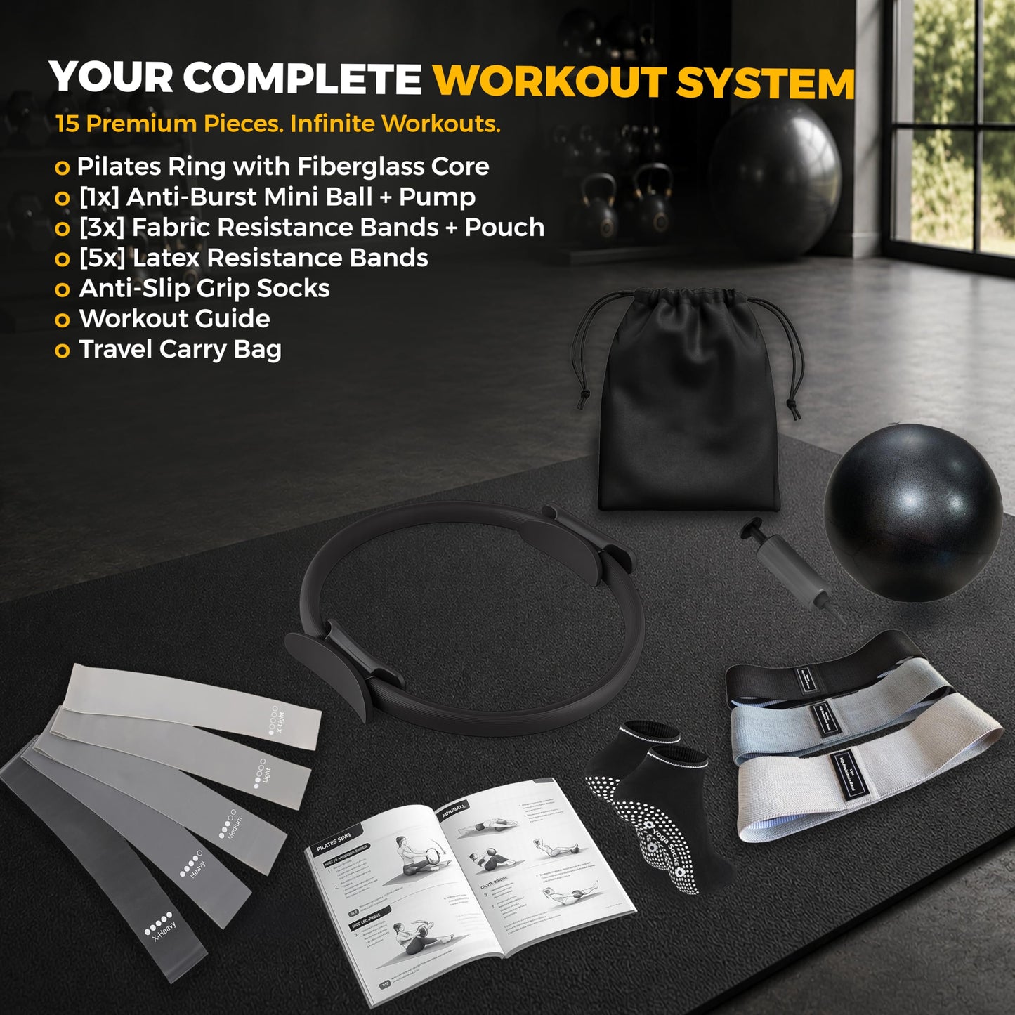 NGCORE Pilates Kit with 15-Inch Pilates Ring & Small Pilates Ball, Exercise Bands Resistance Bands Set - Workout Equipment and Accessories - Pilates Equipment for Full Body Workout, Pilates Essentials