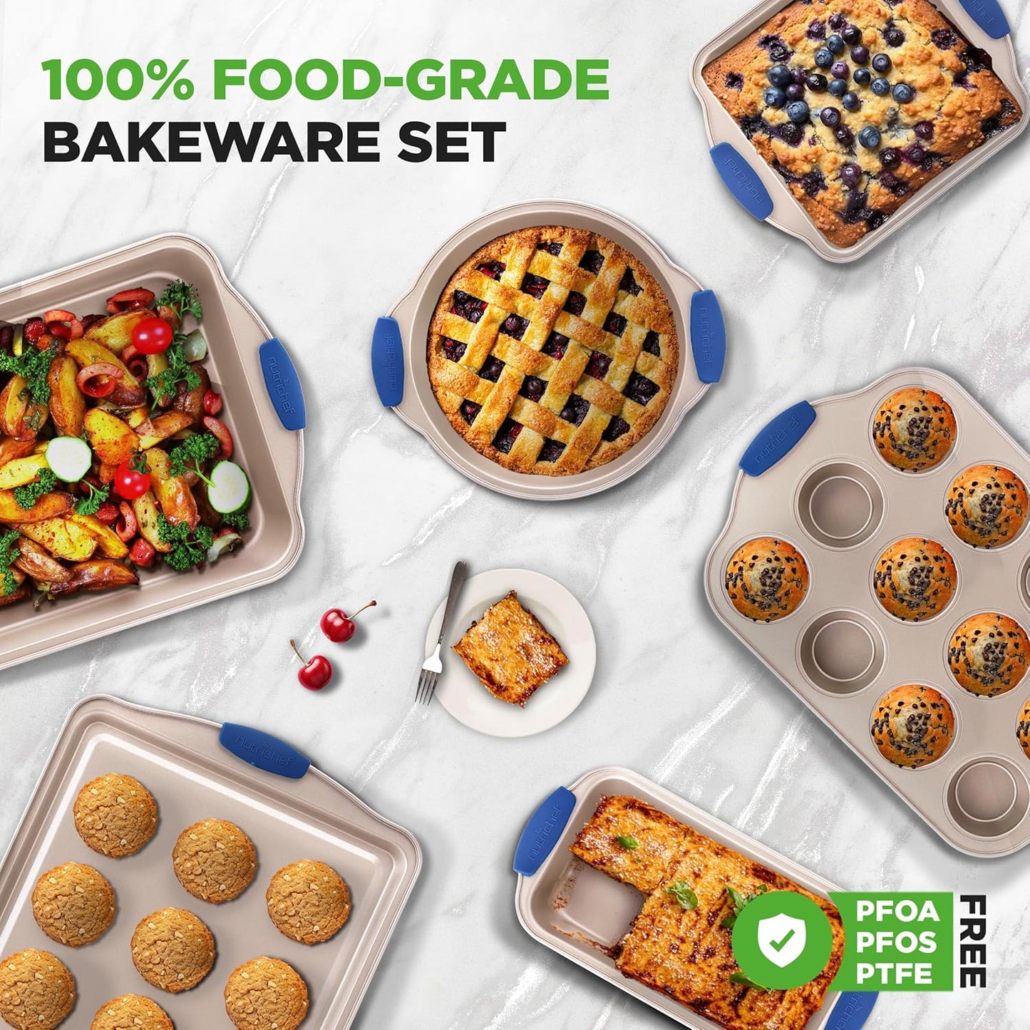 NutriChef 6-Piece Nonstick Bakeware Set | Premium Carbon Steel Baking Trays with Silicone Handles - Includes Loaf Pan, Muffin Pan, Round & Square Roasters, Cookie Sheet