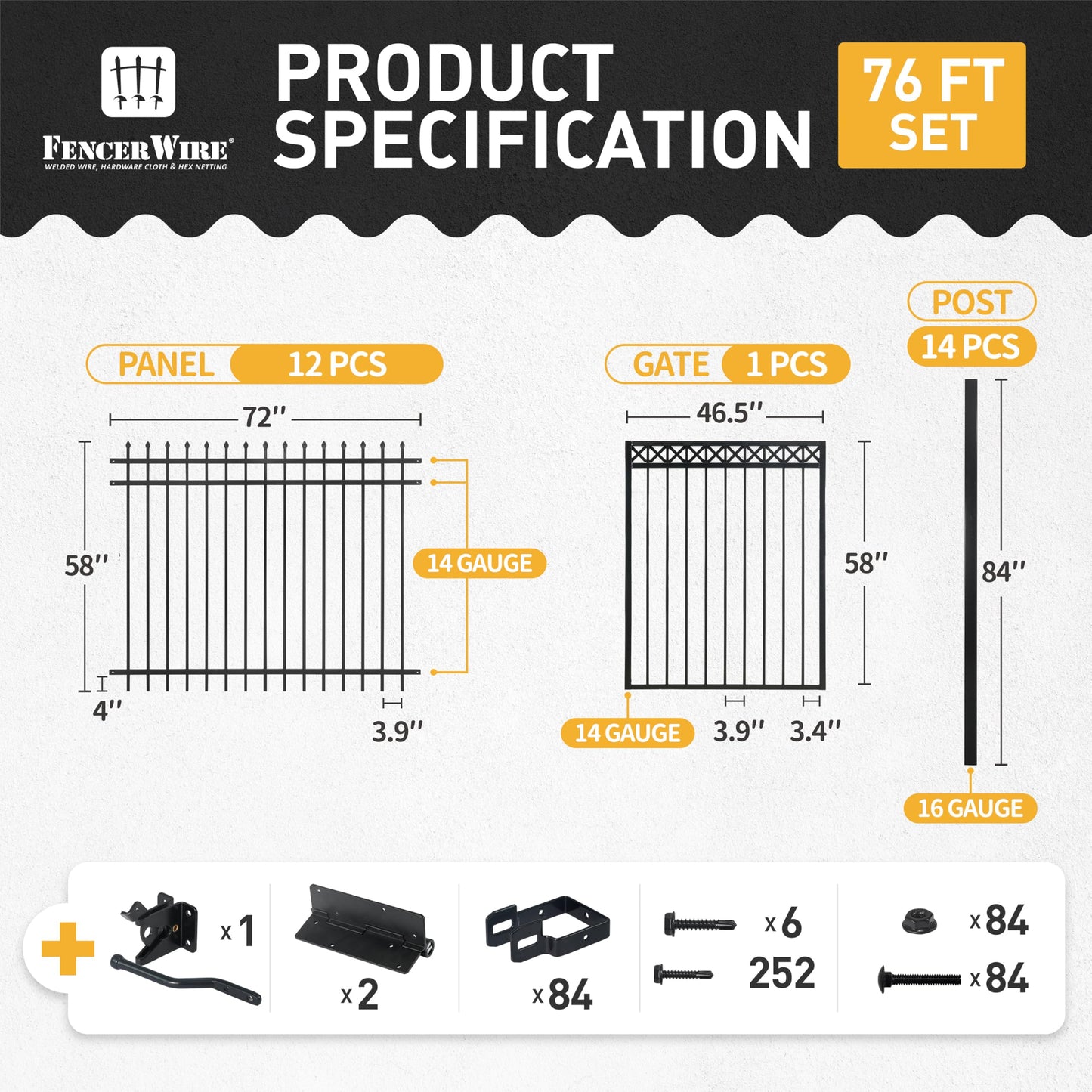 Fencer Wire 76FT Heavy Duty Pinnacle Fence Barrier Kit, Anti-Rust Metal Steel Fence with 5FT Height X 6FT Width Panels, with Decorative Gate, Posts, Connectors, Outdoor Fencing for Yard