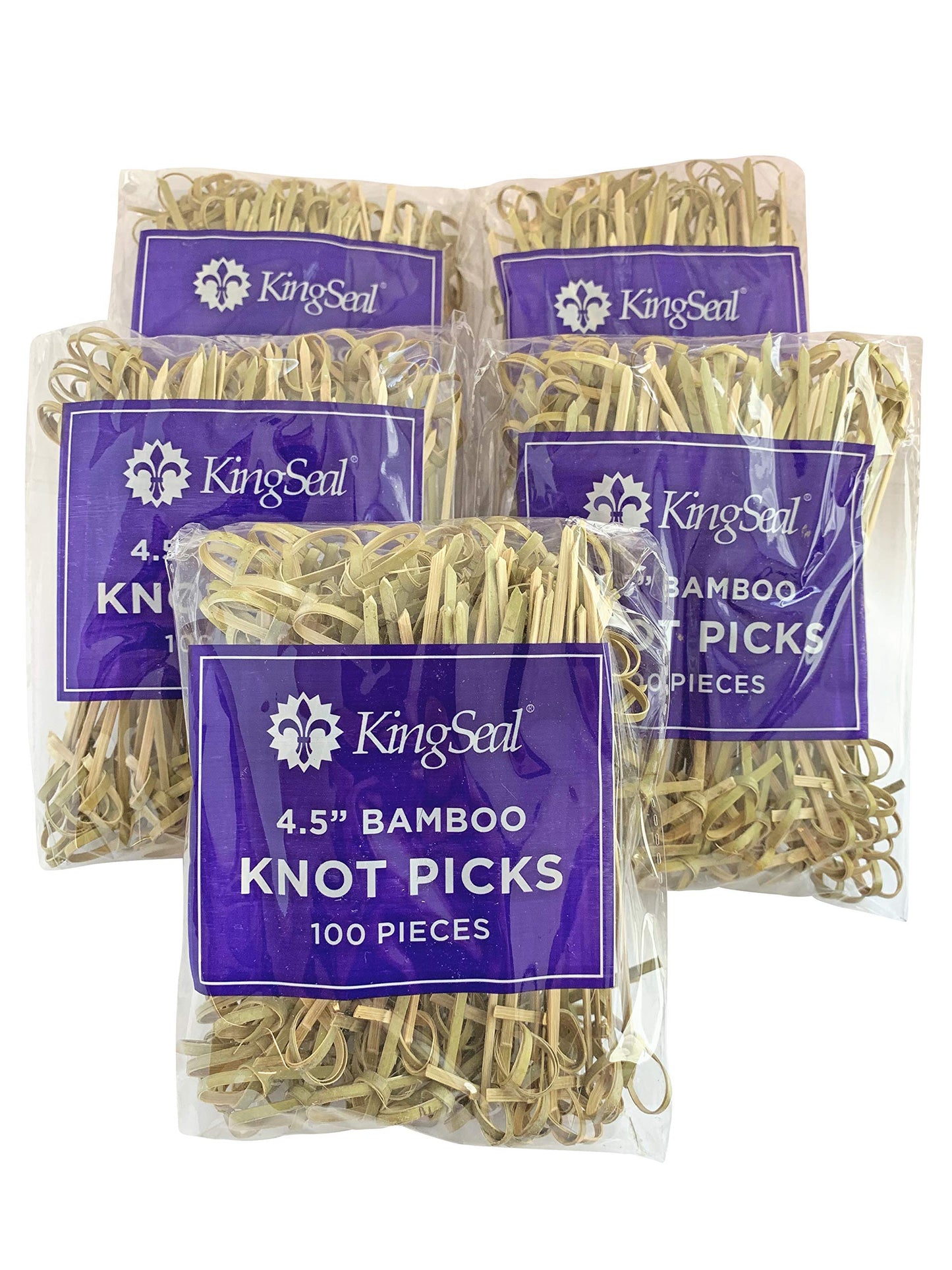 500 Count | KingSeal Bamboo Wood Flower Knot Picks, Skewers, 4.5 Inches, Perfect for Cocktails and Appetizers, Bulk Pack - 5 Packs of 100