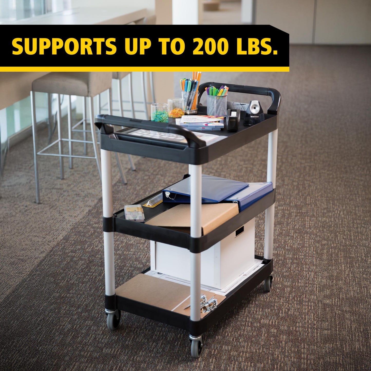 Rubbermaid Commercial Products Heavy Duty 3-Shelf Rolling Service/Utility/Push Cart, 200 lbs. Capacity, Black, for Foodservice/Restaurant/Cleaning/Warehouse/Garage