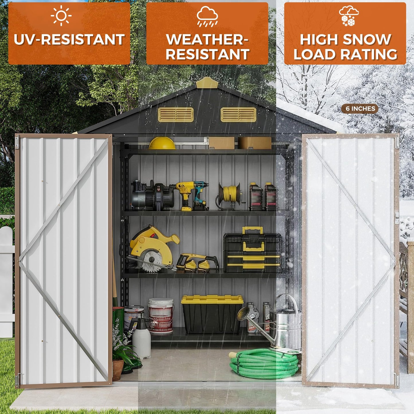 IRONCK 5.7x5.7FT Outdoor Storage Shed, Metal Garden Tool Shed with Breathable Vent and Lockable Doors, Outside Storage for Backyard, Poolside, Patio, Brown