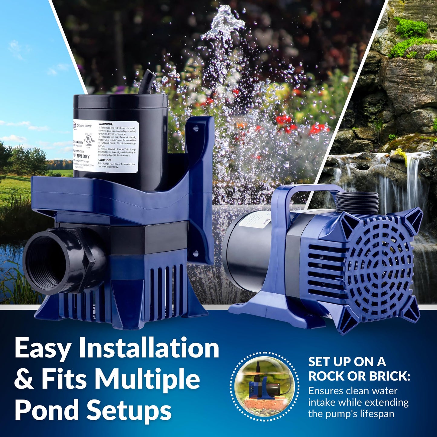 Alpine Corporation 10300 GPH Submersible Water Pump with 33 FT Cord and Adapters for Ponds, Fountains, Waterfalls, and Water Circulation, 960 Watts 40 FT Lift Quiet Operation