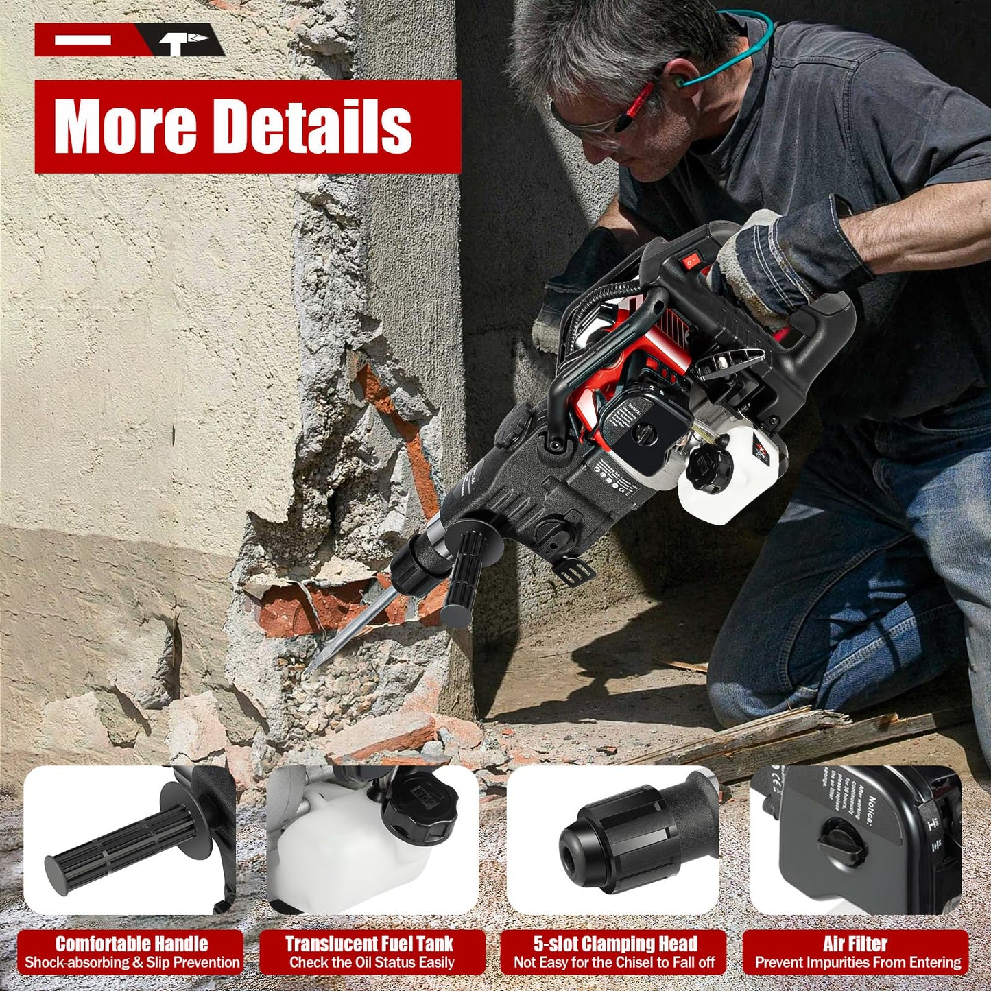 33CC 1000W Gas Powered Jack Hammer, 2-Stroke Hammer Drill, Drilling Machine Breaker Punch Drill Chisels Heavy Duty Gasoline Concrete Breaker Rock Drill for Concrete Breaking, Construction