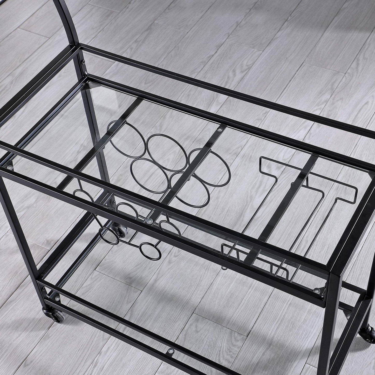 FirsTime & Co. Black Francesca Bar Cart, 2 Tier Mobile Mini Bar, Kitchen Serving Cart and Coffee Station with Storage for Wine and Glasses, Metal and Glass, Modern