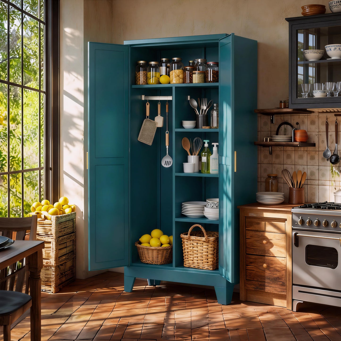 QPRVPTOW 71" H Metal Garage Storage Cabinets,Broom Closet Storage Cabinet,Utility Cabinet,Blue Storage Cabinets