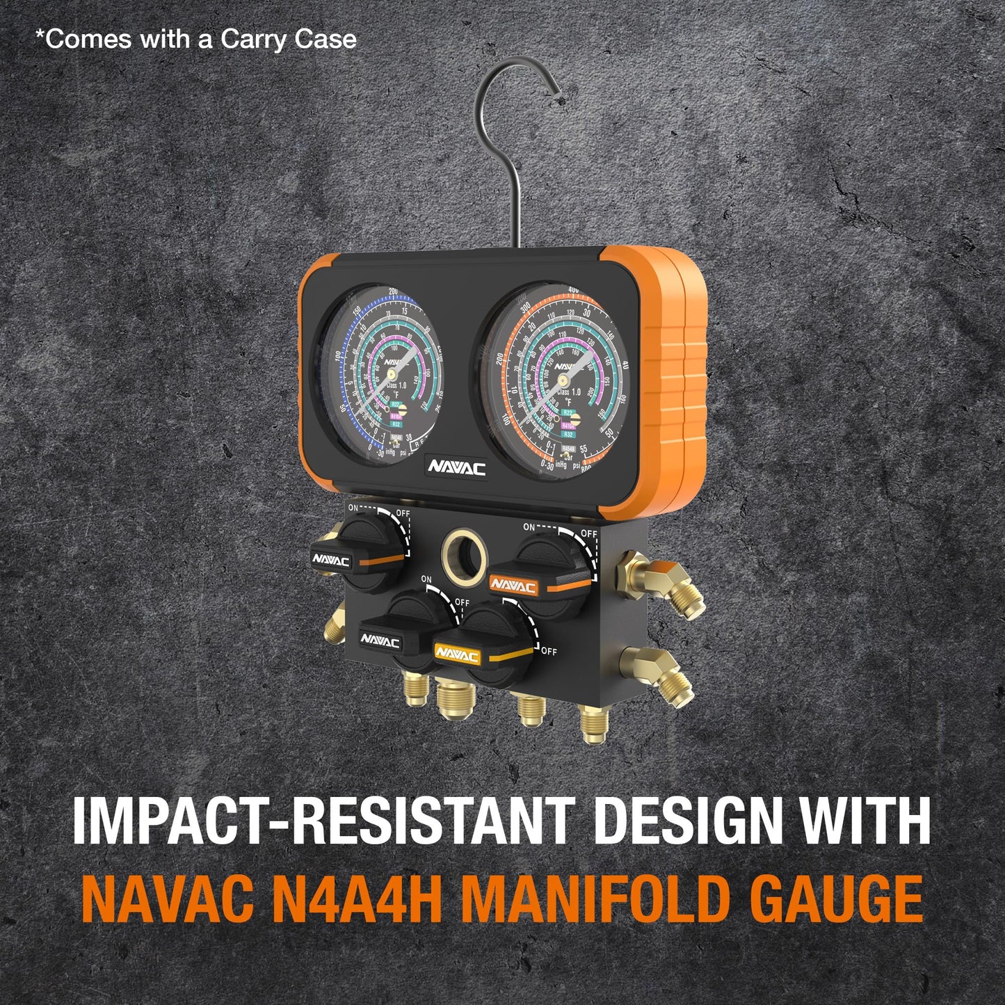 NAVAC N4A4H Manifold Gauge | Class 1.0 Accuracy | Impact-Resistant HVAC Gauge | Aluminum Body and Rubber Cover | Easy-to-Read Analog Display | 4 Valves | with Hoses | 1 Year Warranty