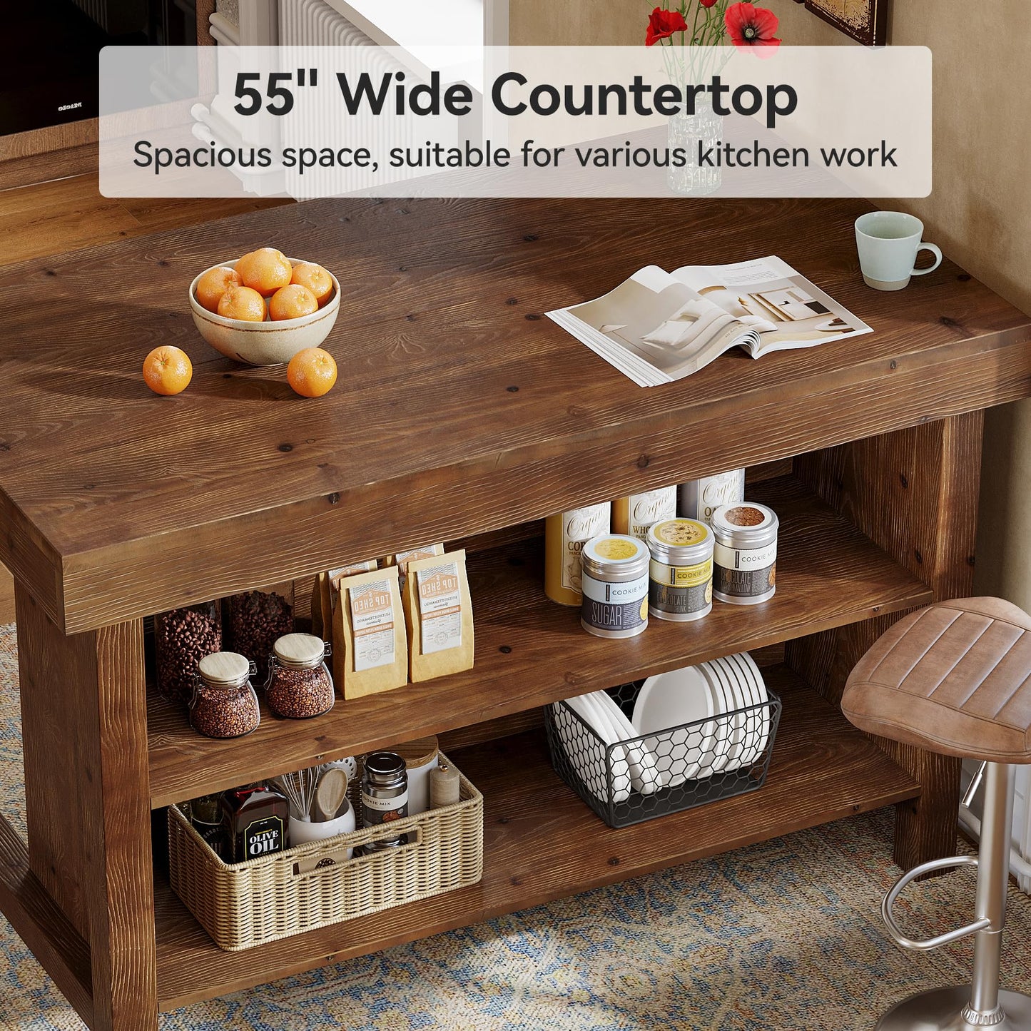 TRIBEWOOD 55" Solid Wood Kitchen Island with Storage, Farmhouse Kitchen Island Table with 3-Tier Open Shelves and Large Countertop for Kitchen, Dining & Living Room, Walnut