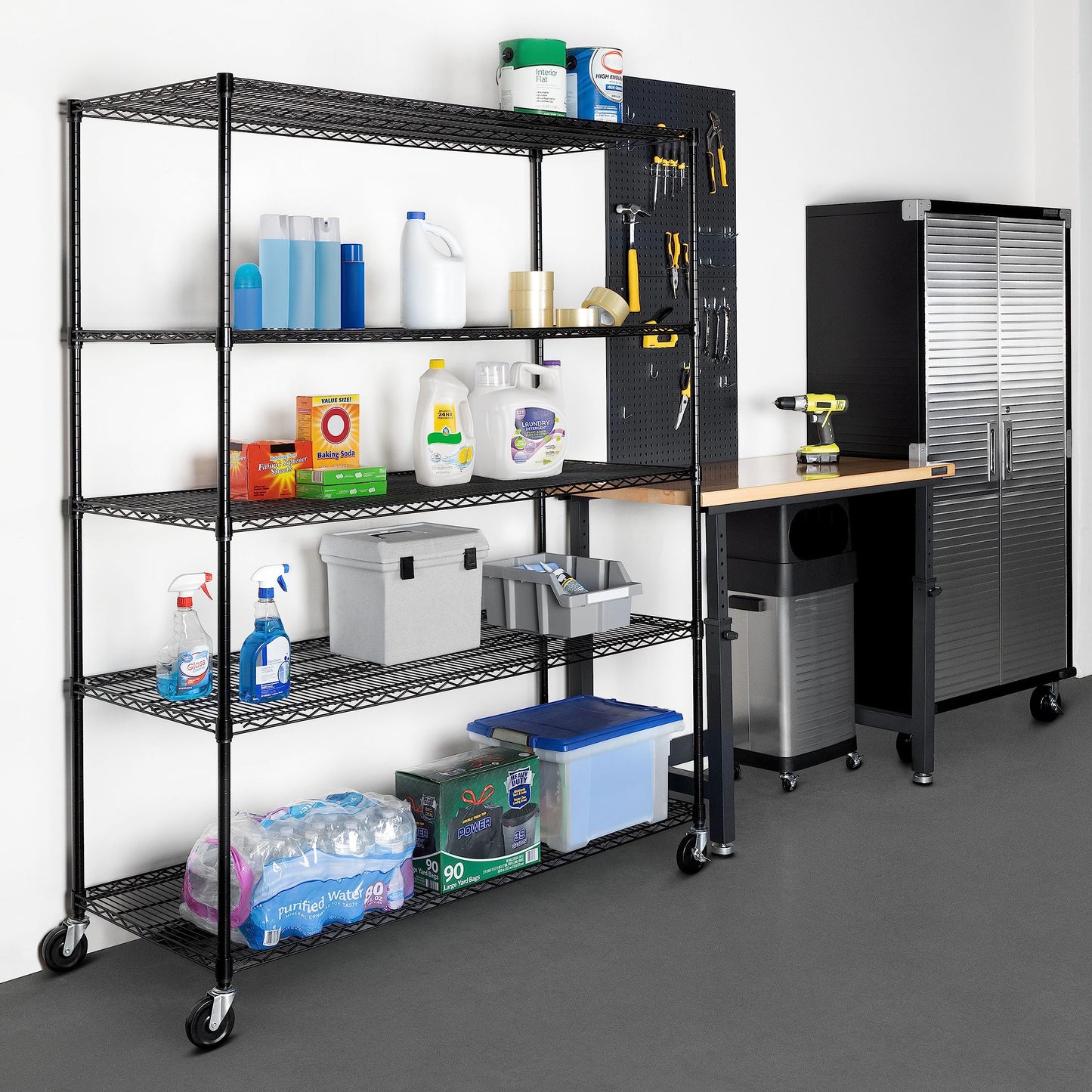 Seville Classics UltraDurable Heavy Duty NSF Solid Steel Wire Rack Storage Unit, Organizer for Garage, Warehouse, Office, Restaurant, Classroom, Kitchen, Black, 5-Tier Shelving, 60" W x 24" D
