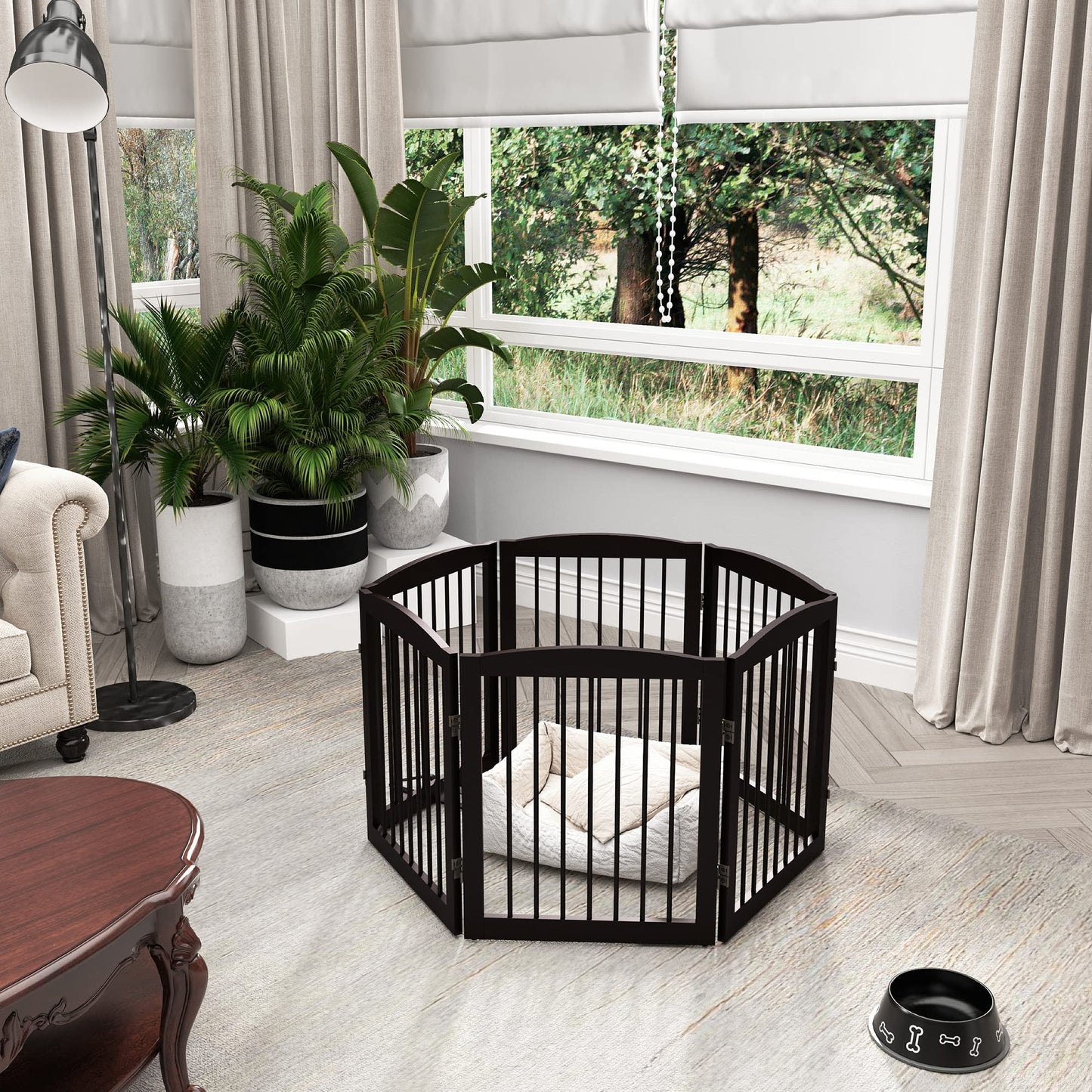 PUPETPO Freestanding Pet Gate for Dogs, Foldable Wooden Dog Gate for House, Extra Wide Indoor Pet Barrier for Stair, Doorway, Hall, Support Feet Included, 120 Inch Wide, 6 Panels 24", Brown