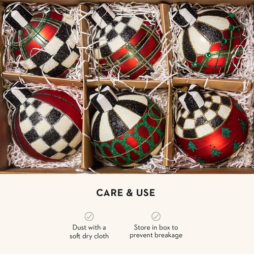 MACKENZIE-CHILDS Set of 6 Glass Ornaments, Christmas Tree Decorations Set, Tartan