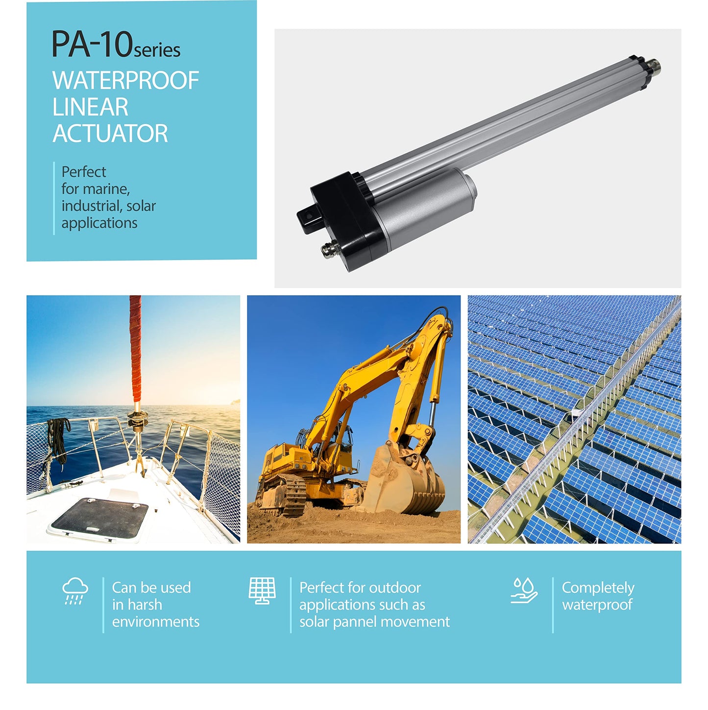 Progressive Automations 12V Water-Resistant Linear Actuator - 24 inches Stroke, 450 lbs Force, IP66 Protection for Industrial Solar Usage Brushed DC Electric Motor Stainless-Steel Stroke Rod, PA-10