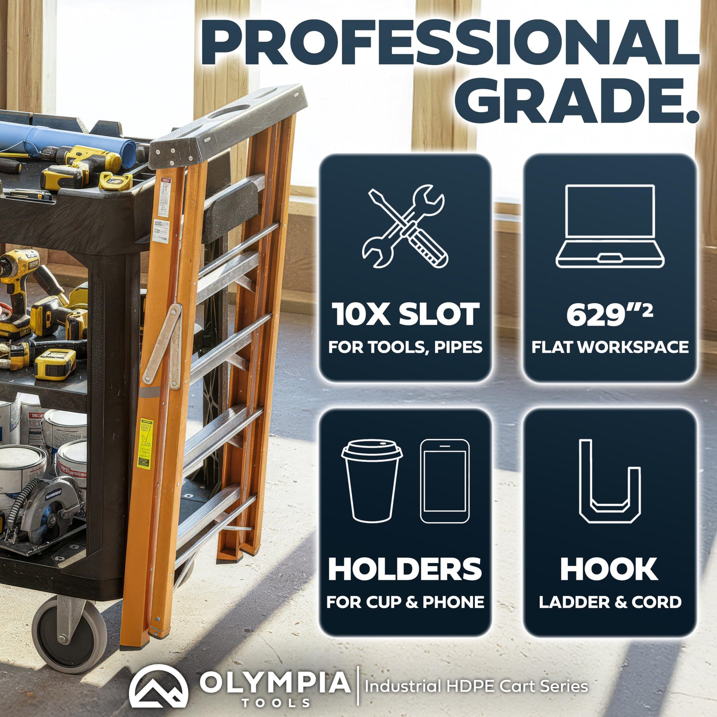Olympia Tools Heavy Duty Utility Work Cart | 2 in 1 Convertible 3 Shelf to Flat Top Workstation | 660 lb Capacity, HDPE Frame, Ladder Hook, 4 Swivel Wheels | Tool Carts for Garage & Maintenance