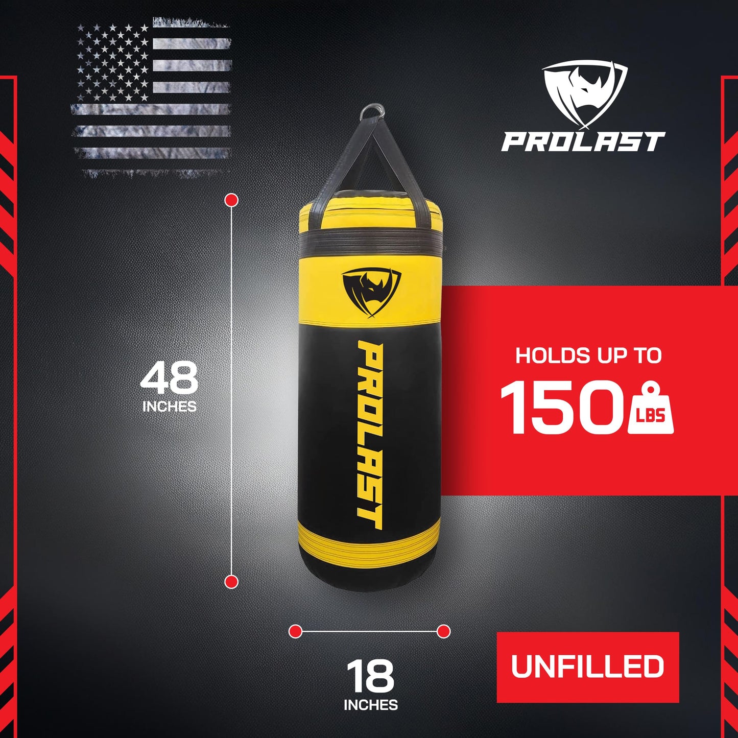 PROLAST 4Ft XL 135Lb Heavy Punching Kicking Bag for Adults, Boxing, MMA, Martial Arts, Muay Thai, Strength Training Equipment, Unfilled, Special Edition Rhino Logo, Special Edition, Yellow and Black