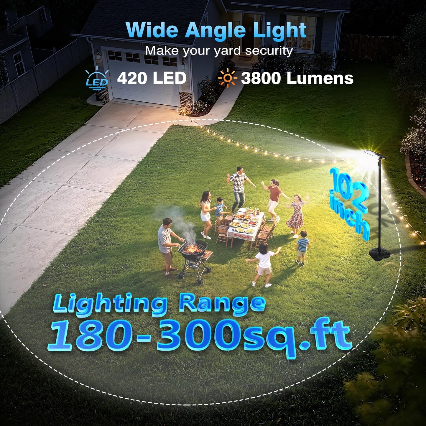 102" Solar Lamp Post Lights with Pole & Water Box Base, Outdoor IP65 Waterproof 3800LM 420 LEDs Solar Street Lights, Metal Flood Motion Sensor Lights for Yard, Garden, Patio, Lawn, Parking Lot