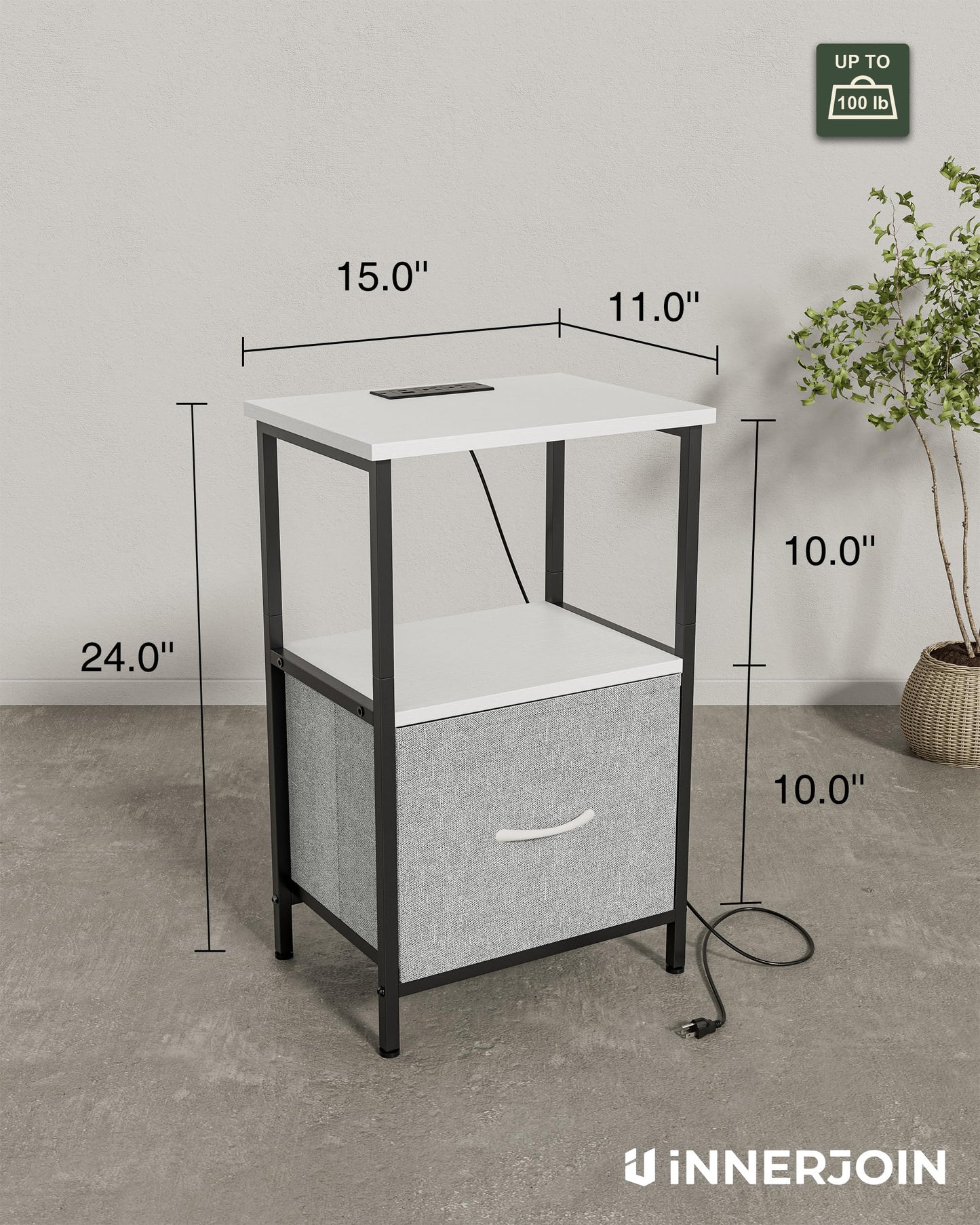 Innerjoin Nightstand with Charging Station USB A&C Ports, LED Nightstand with 2 Drawers & Storage Shelf, Bed Stand Side End Table for Bedroom Living Room Dorm, White