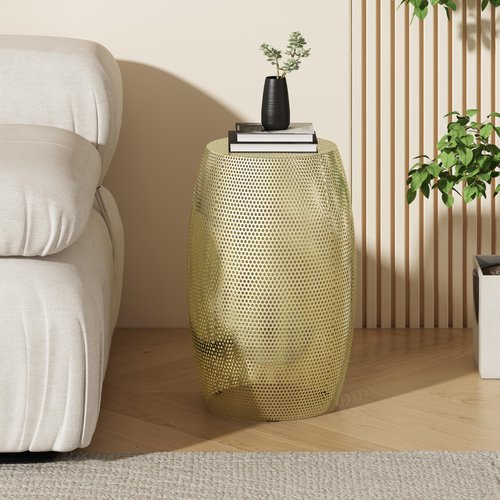 Christopher Knight Home Fairmo Indoor Accent Table, Lace Cut Hollow Side Tables, Round Drum Coffee End Table, Metal Decorative Stool Tables for Living Room Bedroom Home Decor, Gold