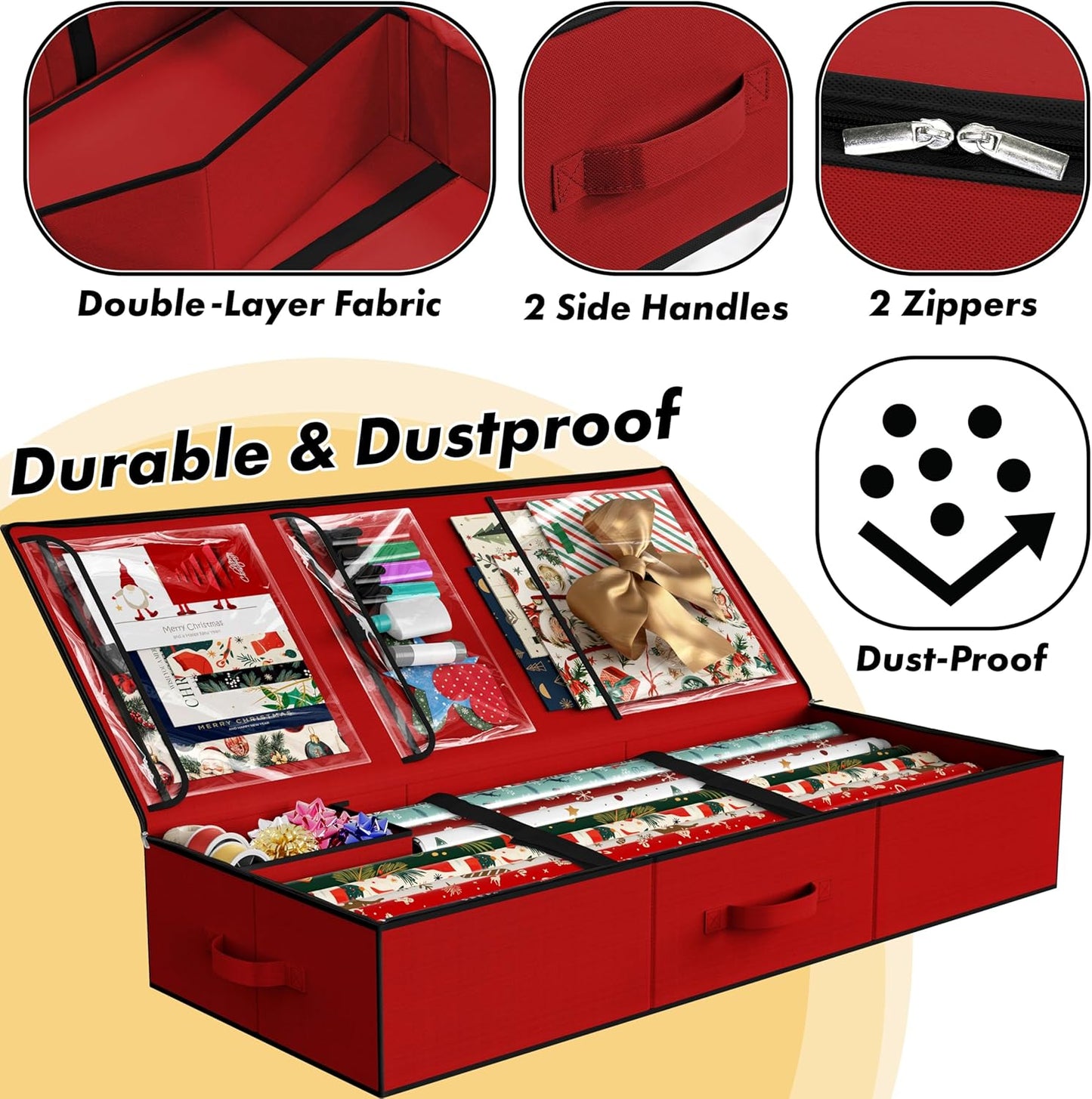 Simple Houseware Wrapping Paper Storage Organizer - Holds 40 Rolls with Adjustable Straps & Pockets, 41.5''L x 16''W, Red
