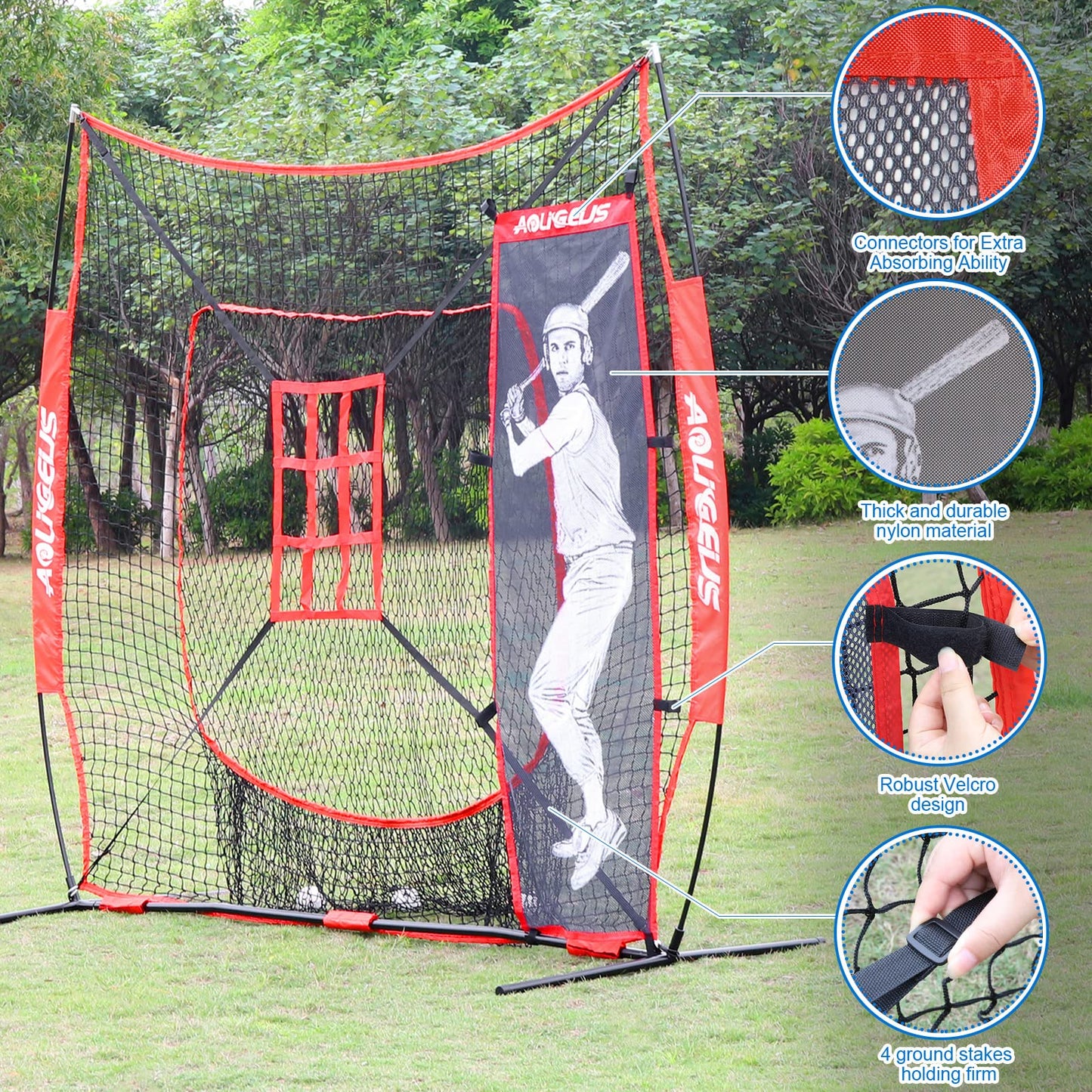 AOLIGEIJS 7'X7' Baseball Softball Practice Net,Pitching Net, Batting Net,with Tee,Bonus Strike Zone and Bow Frame,for Hitting,Pitching, Catching,with Carry Bag (Basebll Net+Batter Dummy) Red