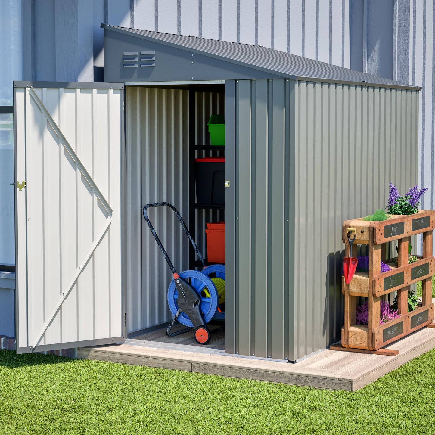 YOPTO 4×7 FT Outdoor Metal Storage Shed,Heavy-Duty Lean to Storage Shed with Lockable Door and Reinforced Beams,All Weather Waterproof Storage House W/2 Air Vents,for Backyard,Patio,Lawn,Gray