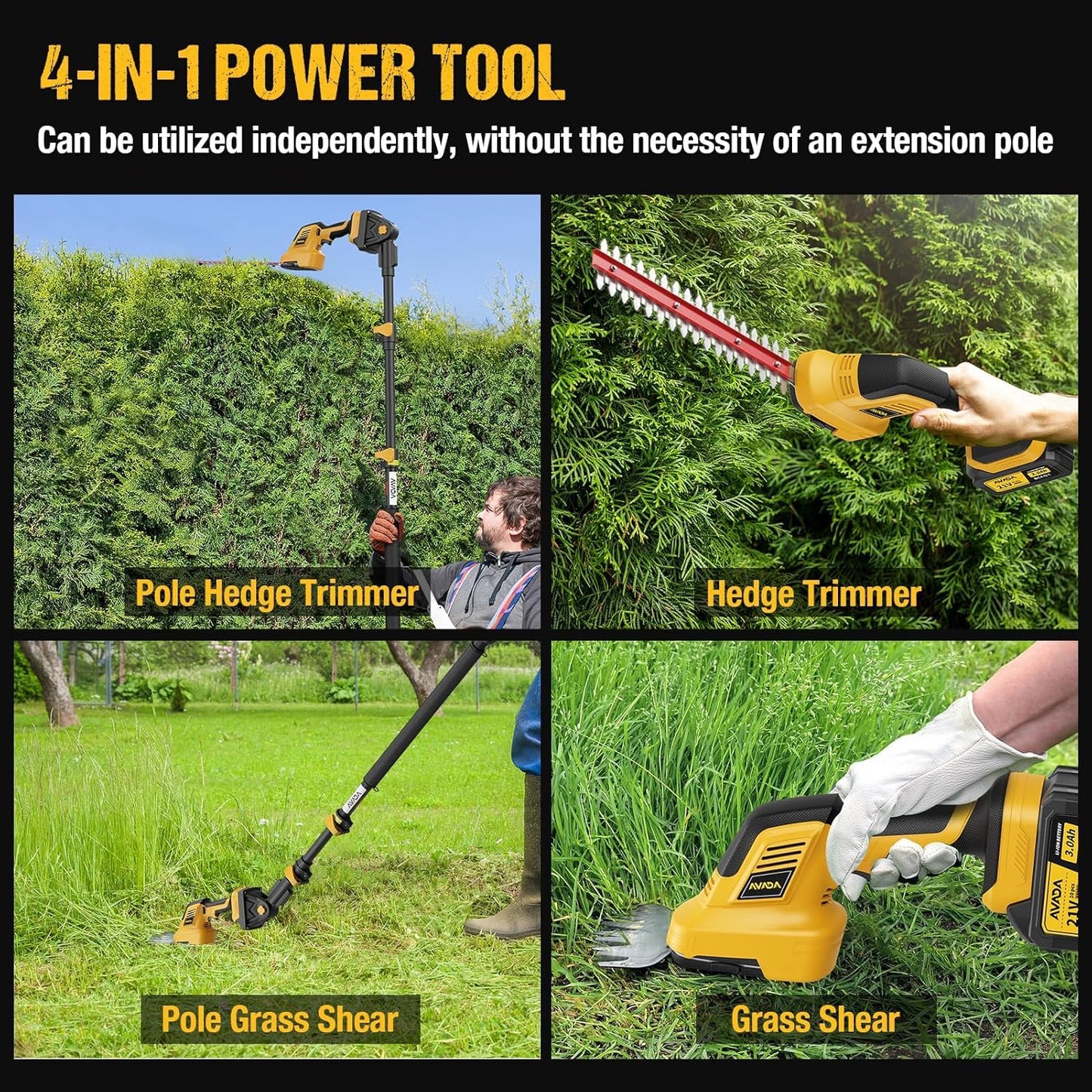 Pole Hedge Trimmer Cordless - Electric Hedge Trimmer & Grass Shear with 2x3000mAh Batteries,180° Adjustable Angle, 16 Ft Reach, Hedge Trimmers Cordless with Battery