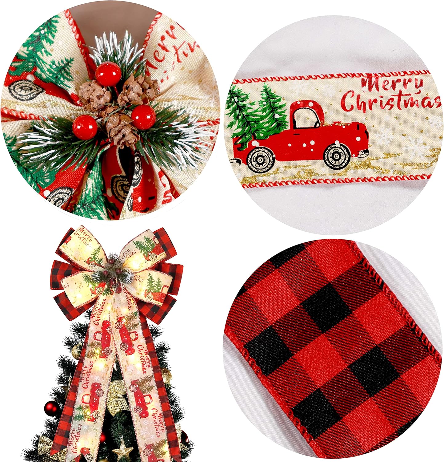 Regine Switzerland Christmas Tree Topper Bow - 30 LED Lights, Large 13”x25” Red Black Buffalo Plaid Design