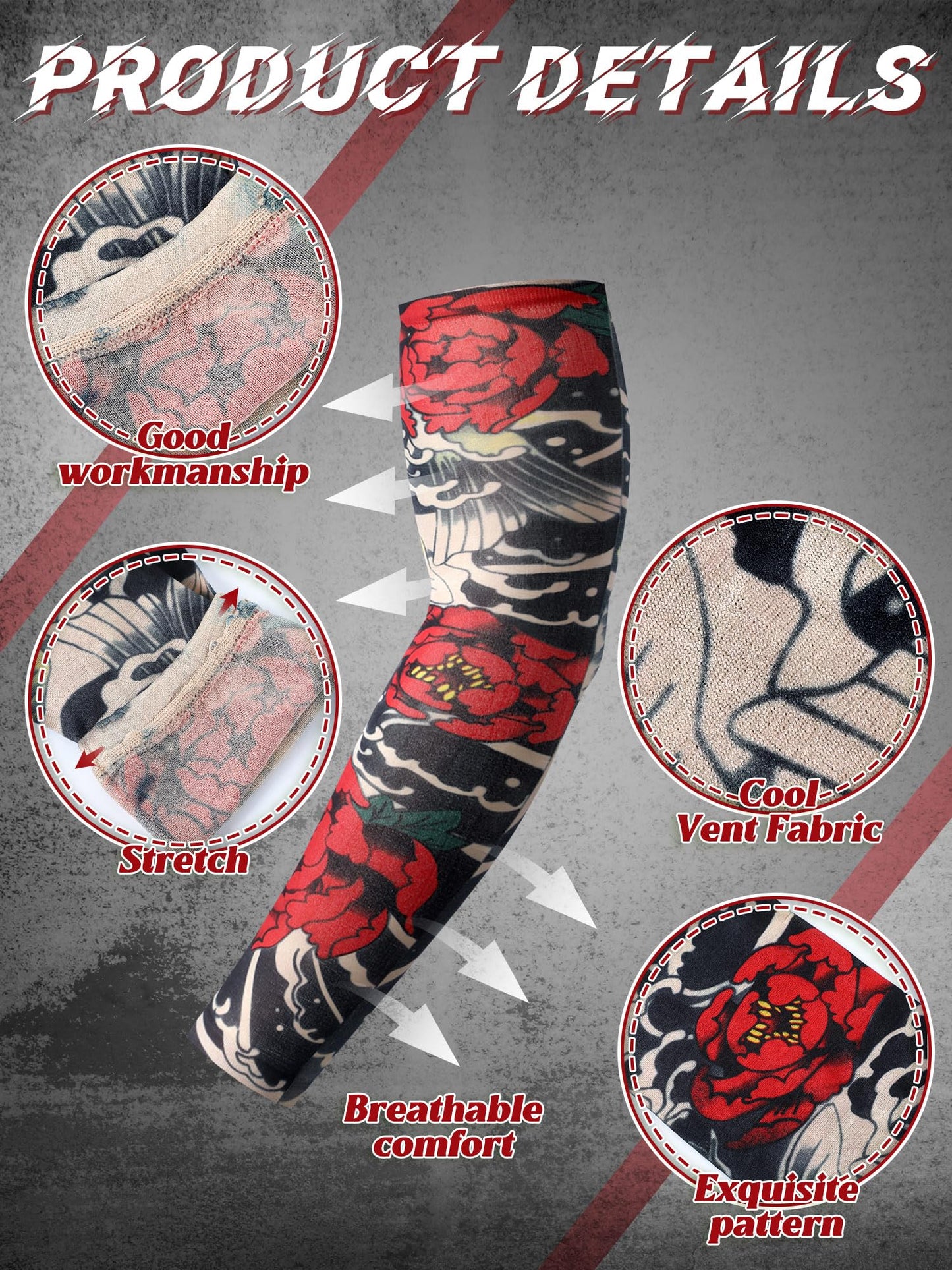 Boao 20 Pcs Men's Cooling Arm Sleeves Long Fingerless Arm Cover Anti Slip UV Protection Sun Temporary Tattoo Sleeves(Multi Style,Classic Colors,Large)