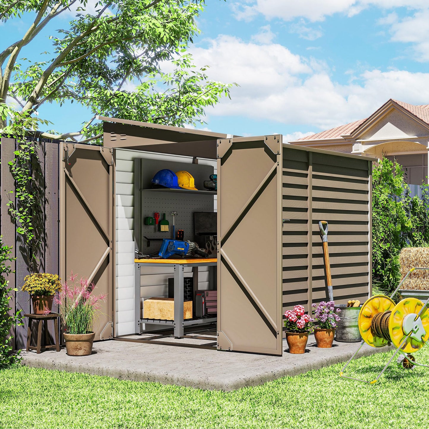 Outsunny 4.6' x 9' Steel Outdoor Storage Shed, Waterproof Lean to Shed, Metal Garden Tool House with Foundation Kit, Lockable Doors, Gloves and 2 Air Vents for Backyard, Patio, Lawn, Brown