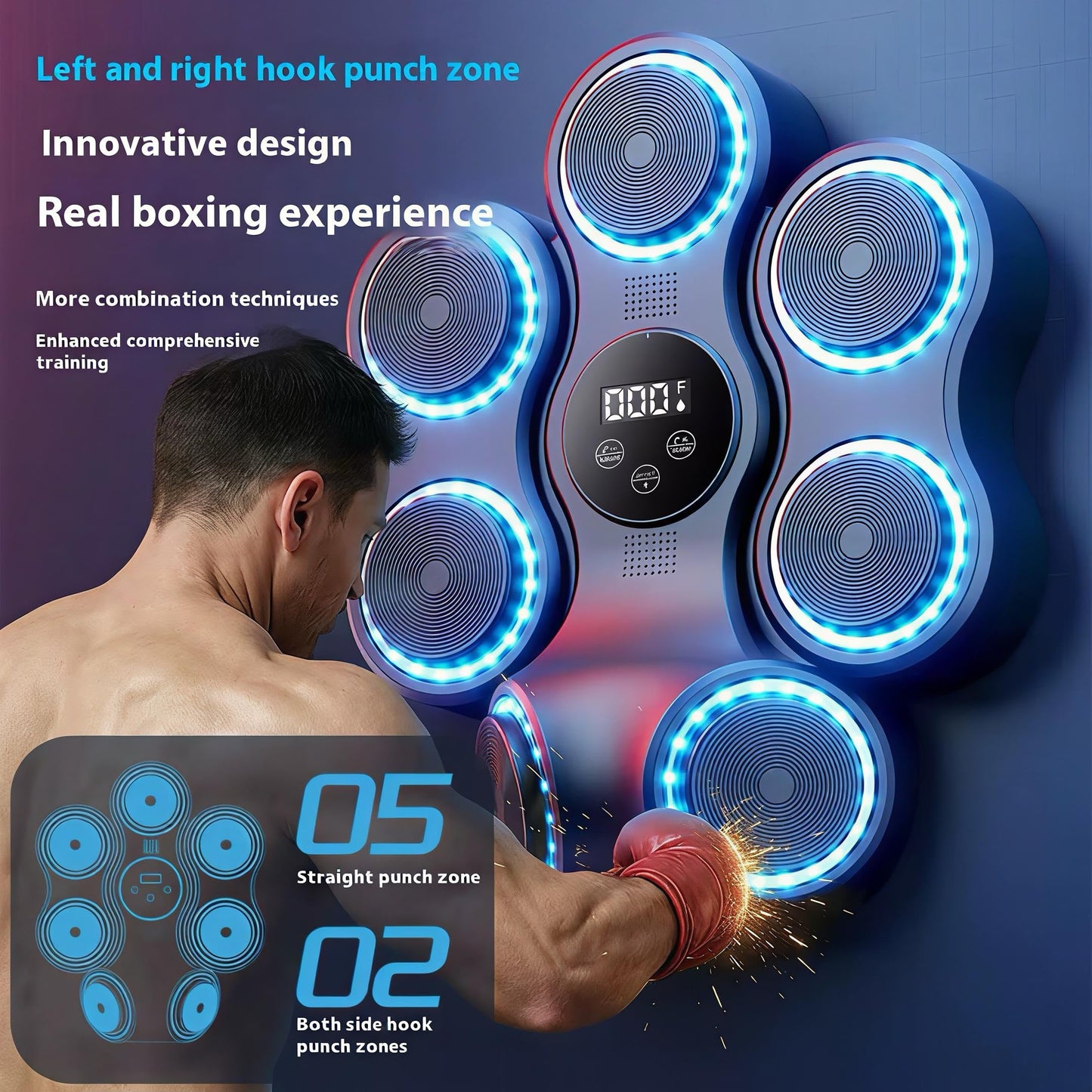 Music Boxing Machine with Gloves, Wall Mounted Punching Trainer with LED Light Up Targets, Bluetooth Rhythm Reaction Training Pad, 11 Modes & 9 Speeds for Adults & Kids Home Fitness & Stress Relief