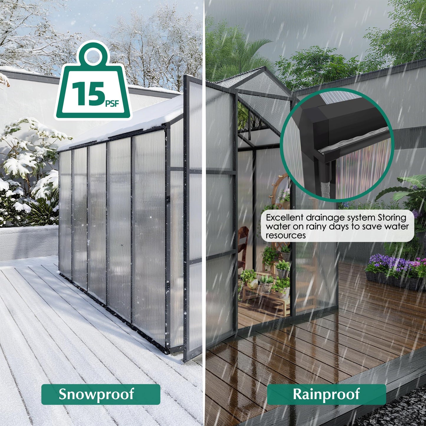 KEIKI 6x10 FT Polycarbonate Greenhouse for Outdoors, Heavy-Duty Walk-in Aluminum Greenhouse with Anchor Base, Light-Transmitting Panels & Drainage System, Black