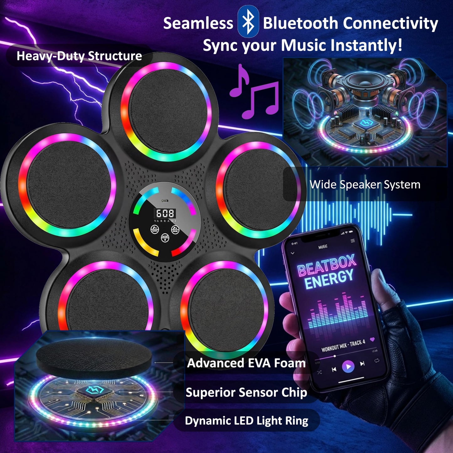 VARRANI Music Boxing Machine - 2026 Upgraded Interactive Boxing Trainer - 2 Pairs of Gloves - for Kids & Adults - Wall Mounted Easy Installation - 9 Speeds 9 Modes - Electronic Boxing Target