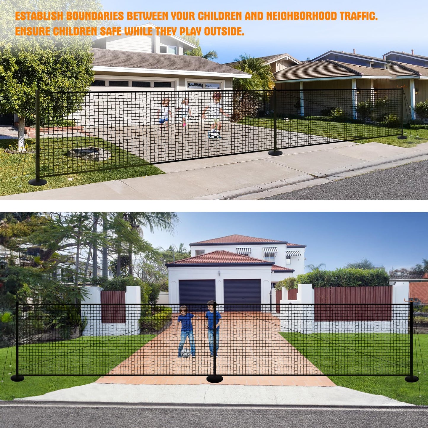 41FT x 5FT Driveway Safety Net Fence, Outdoor Yard Play Area Safety Barrier for Kids| Heavy Duty Steel Poles & Net, Not Fall Down Easily | Guard Net Length Adjustable, Easy to Recycle and Install