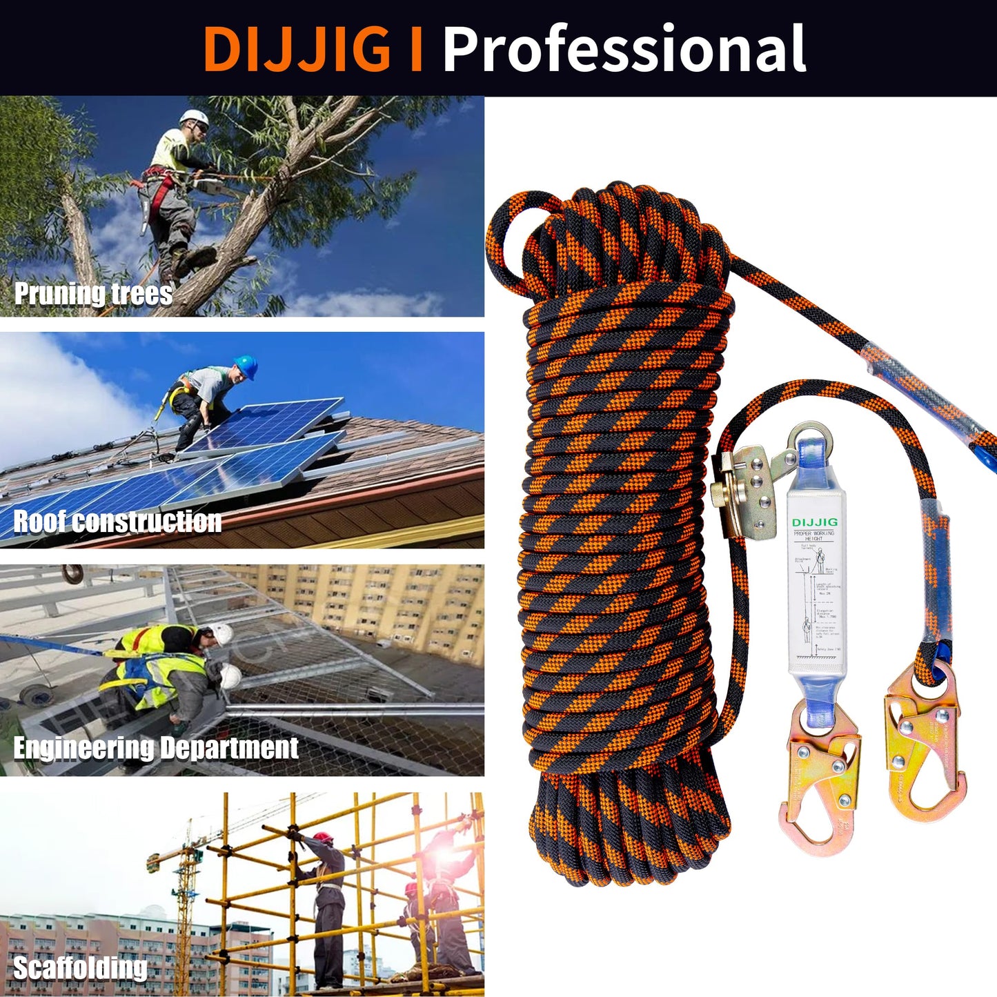 DIJJIG Rope Harness Safety Lanyard 25ft Vertical Roofing Rope With Grab Snap Hooks Shock Absorber Fall Protection Tree Climbing Line Kit Heavy Duty Roof Safety Equipment ANSI CE