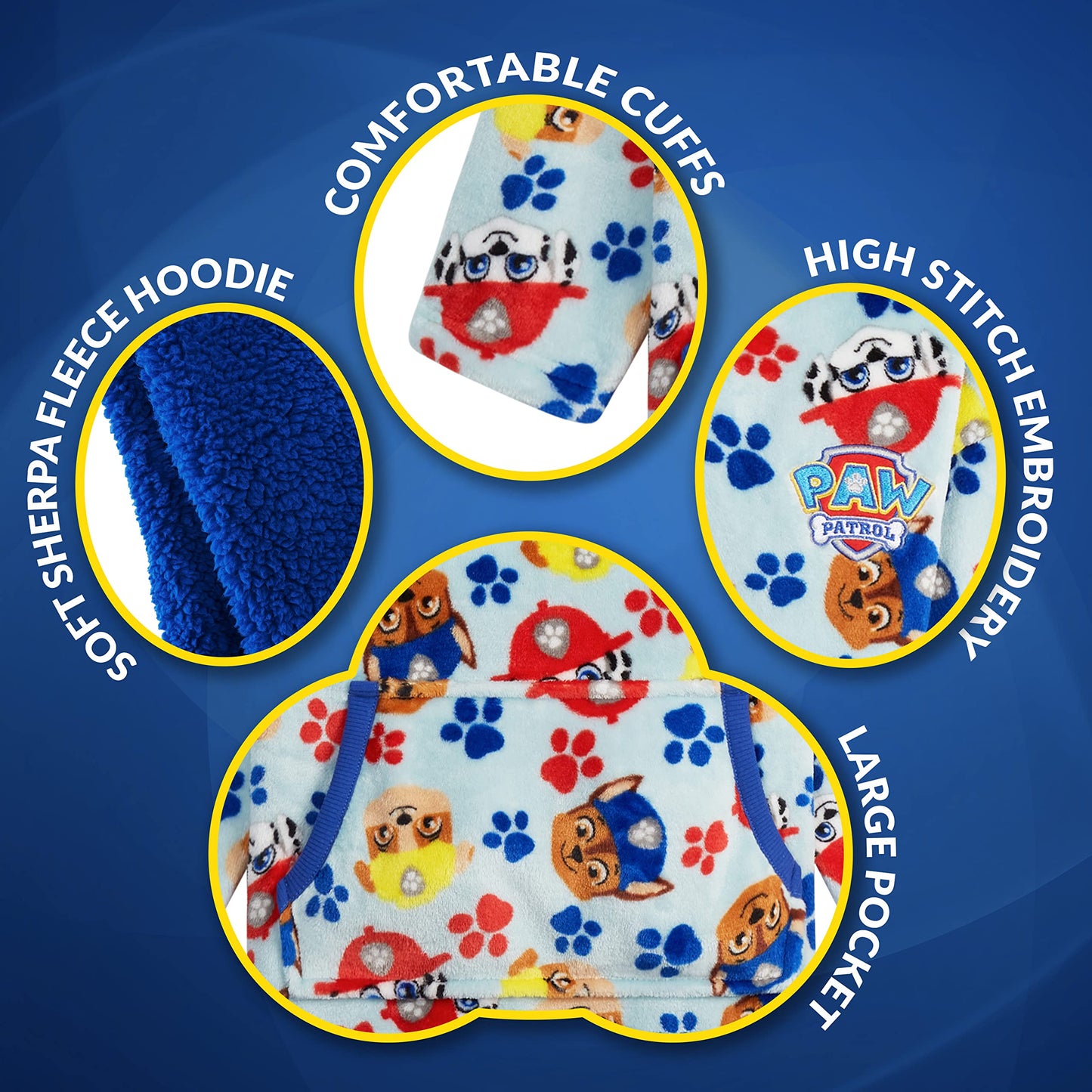 Paw Patrol Blanket Hoodie for Kids Toddlers, Fleece Wearable Blanket with Sherpa Hood, Marshall Rubble Chase Gifts for Kids (Blue, 2-4 Years)