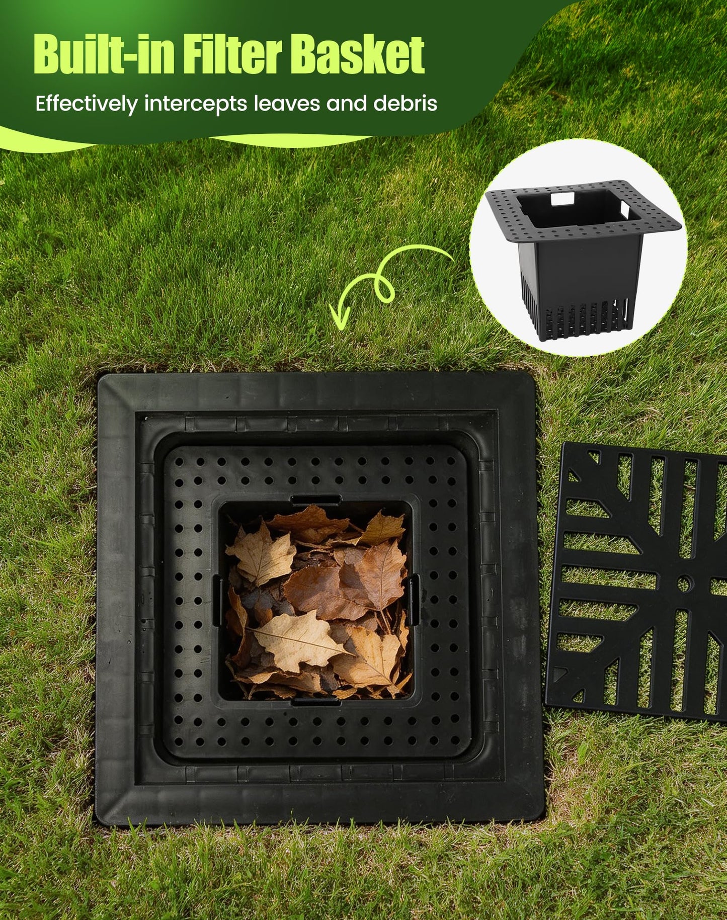 Dooeant Upgrade 12-Inch Catch Basin Drainage Kit with Debris Basket Strainer, 4 Size (2", 3", 4-3/8", 6-3/8") Pipes for Garden, Yard, Lawns, Outdoor (2 Pack)