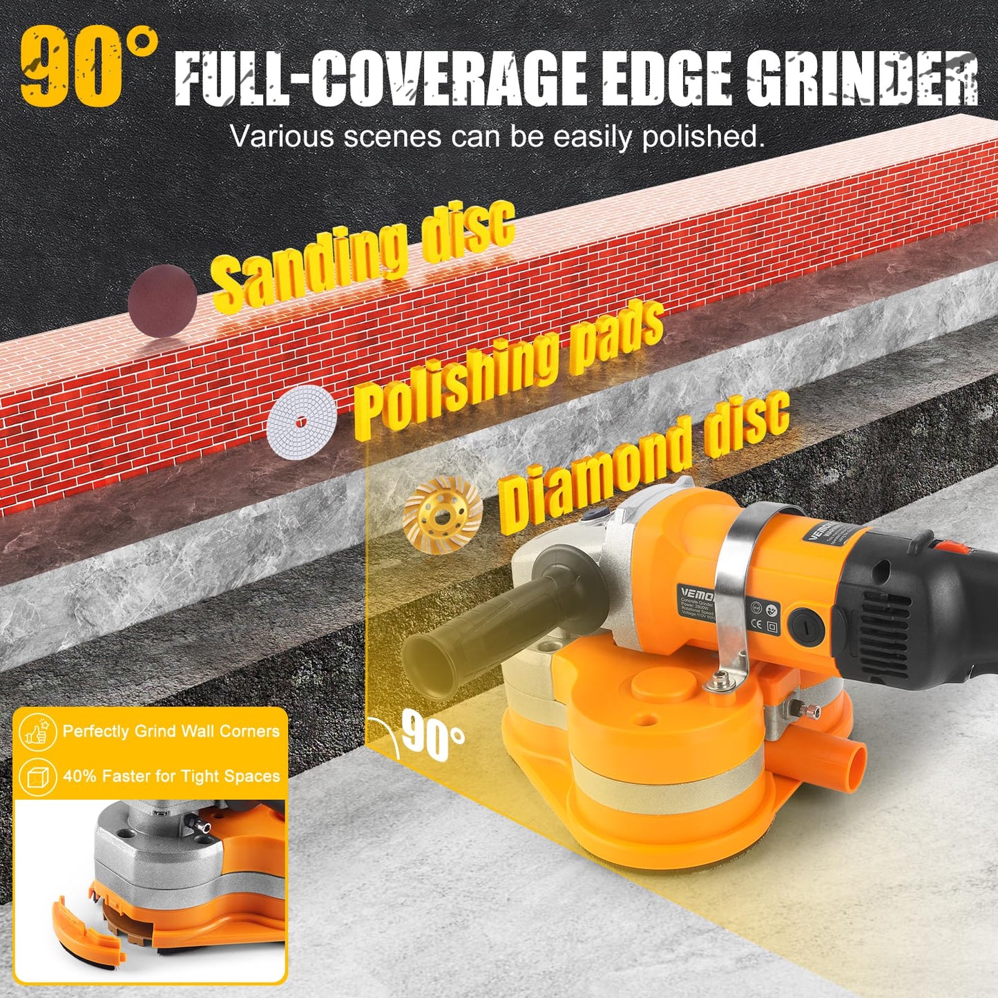 VEMOKO Electric Diamond Polisher Machine - 2800W Concrete Surface Grinder Kit with 6 Diamond Wheels, Rock/Stone/Granite Polisher & Dust Vacuum Attachment for Cement, Marble, Epoxy Floors