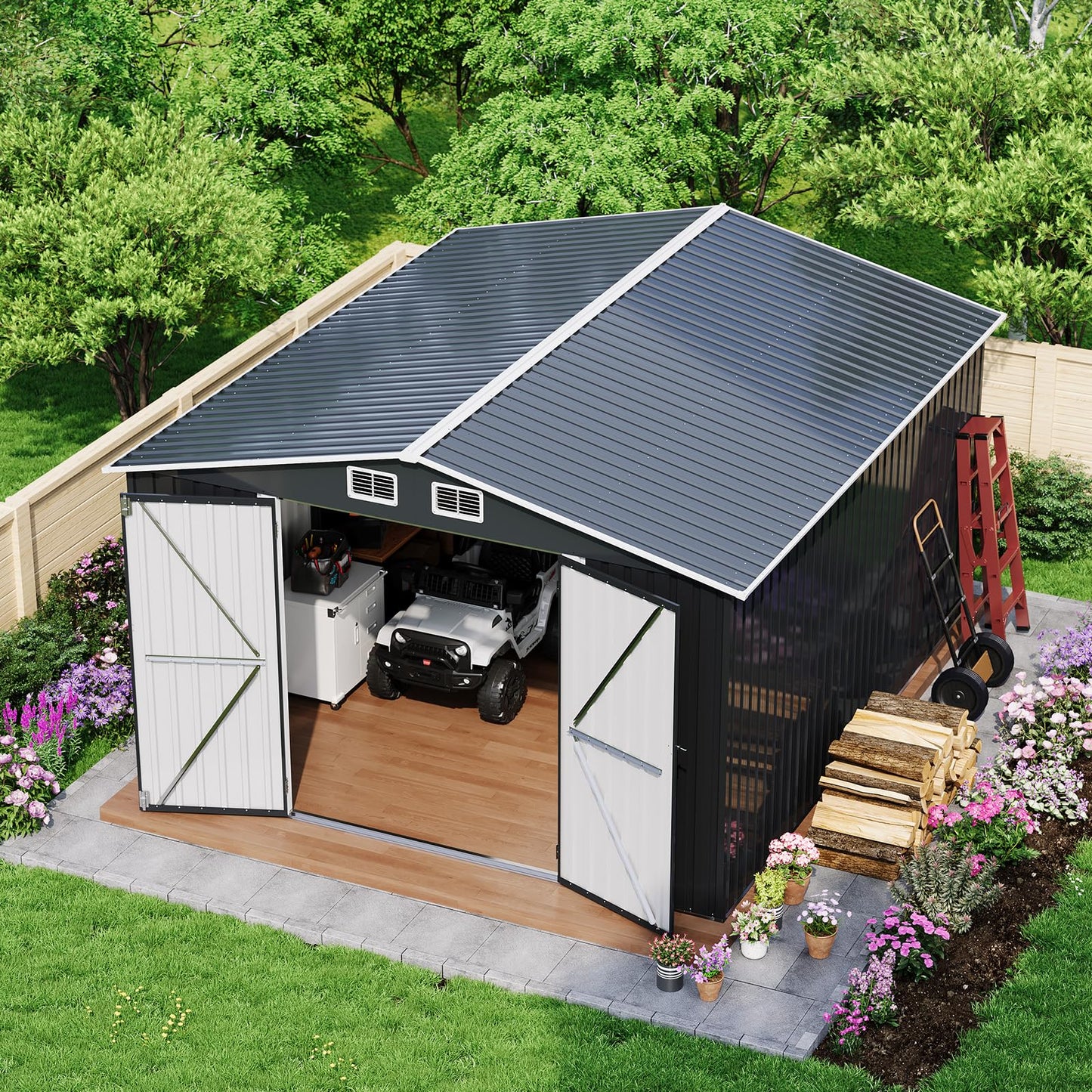 GarveeLife 12 X 10 ft Outdoor Storage Shed, Metal Garden Sheds & Outdoor Storage with Updated Frame Structure, Backyard Garden Terrace Tool Shed for Backyard, Lawn, Patio, Bike Storage, Gray