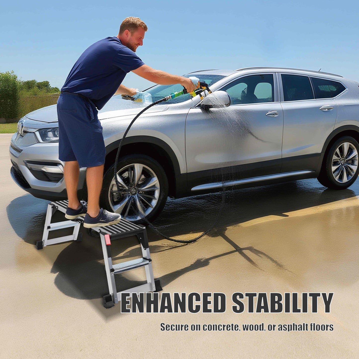 51" Aluminum Folding Work Platform, Car Wash Step Stool with Non-Slip Feet & Carrying Handle, Metal Step Ladder Bench for Mechanics, Shop, Automotive & Drywall Work — 330 lbs Load Capacity