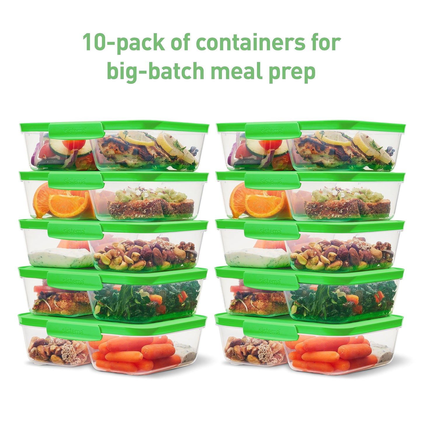 Sistema Nest It Meal Prep Food Storage Containers with Lids, 10-Pack of 3.7-Cup Containers with 2 Divided Compartments, Airtight & Leak-Resistant, Dishwasher, Microwave, & Freezer-Safe, BPA-Free