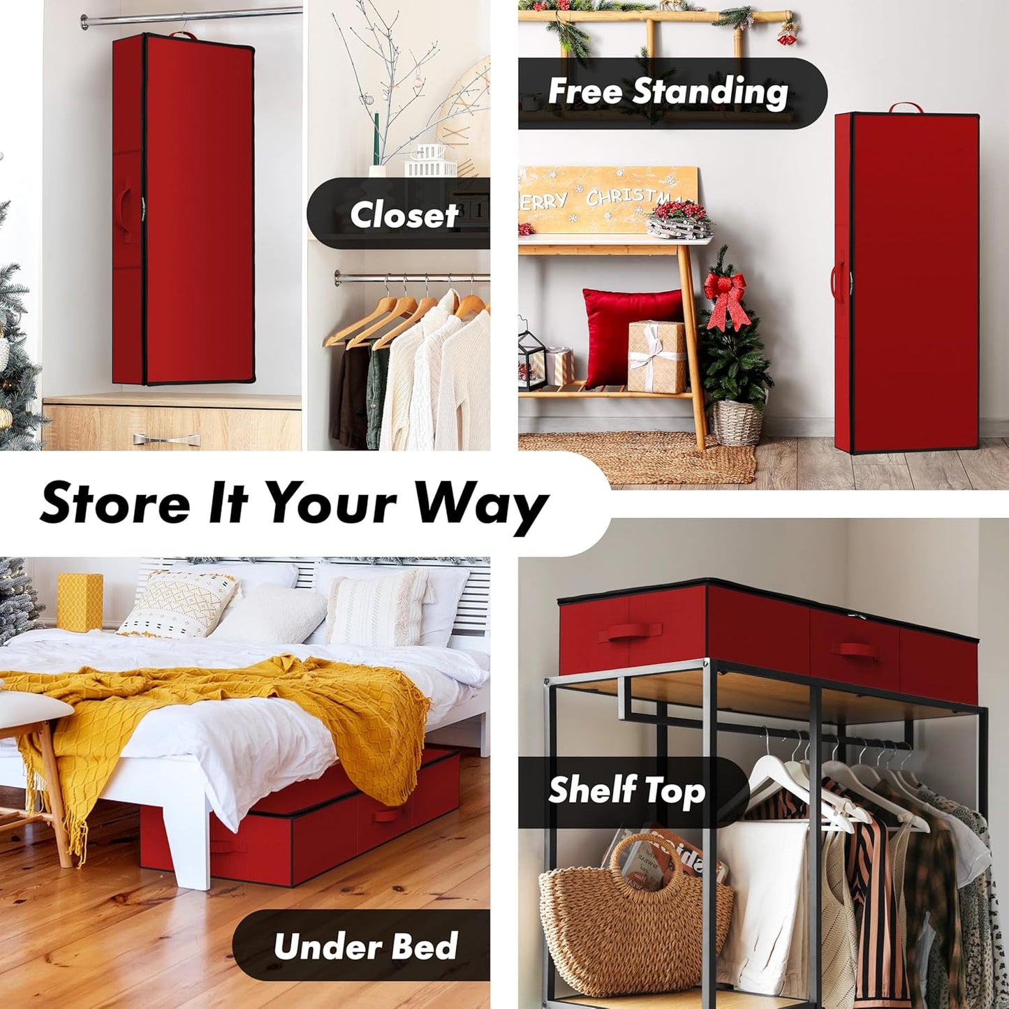 Simple Houseware Wrapping Paper Storage Organizer - Holds 40 Rolls with Adjustable Straps & Pockets, 41.5''L x 16''W, Red