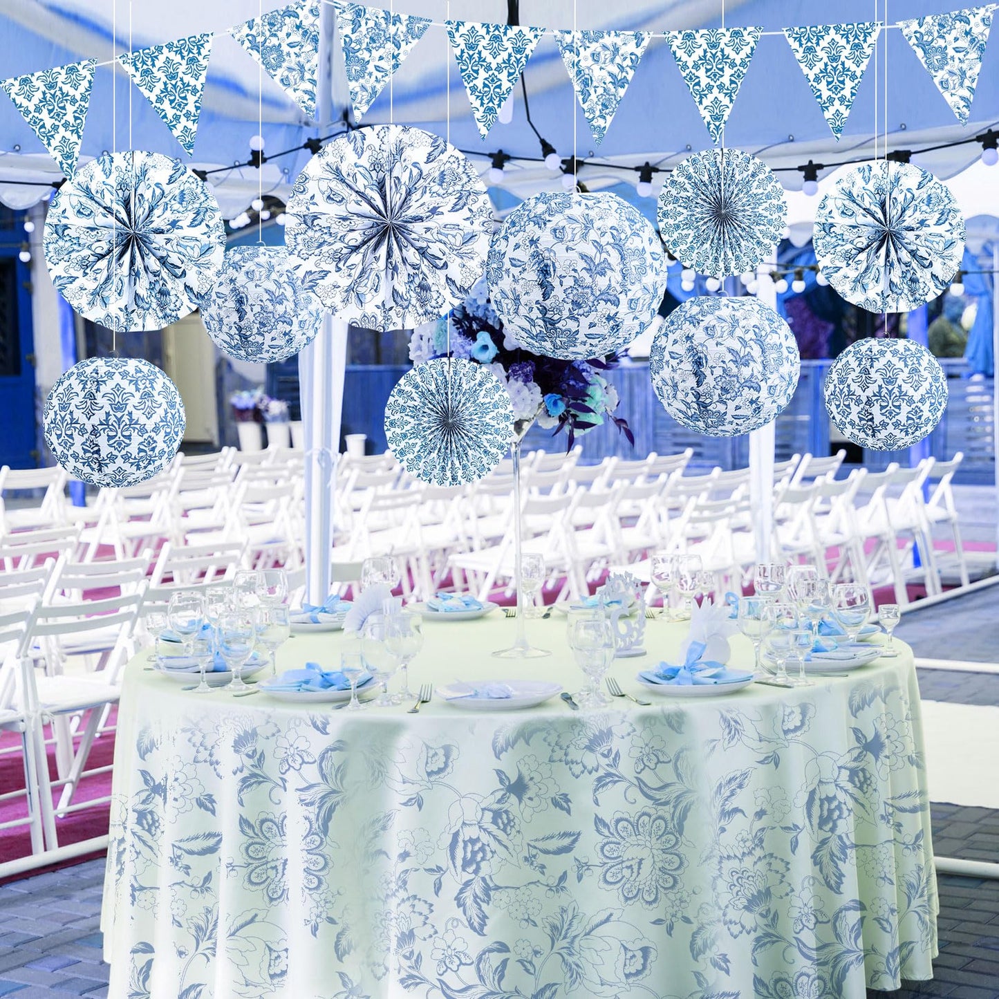 Tujoe 19 Pcs Chinoiserie Themed Party Decorations 10 Paper Lanterns 3 Triangle Flags Banner 6 Hanging Round Fans Blue and White Print Chinese Hanging Decoration for Ceiling Wedding Birthday Home Decor
