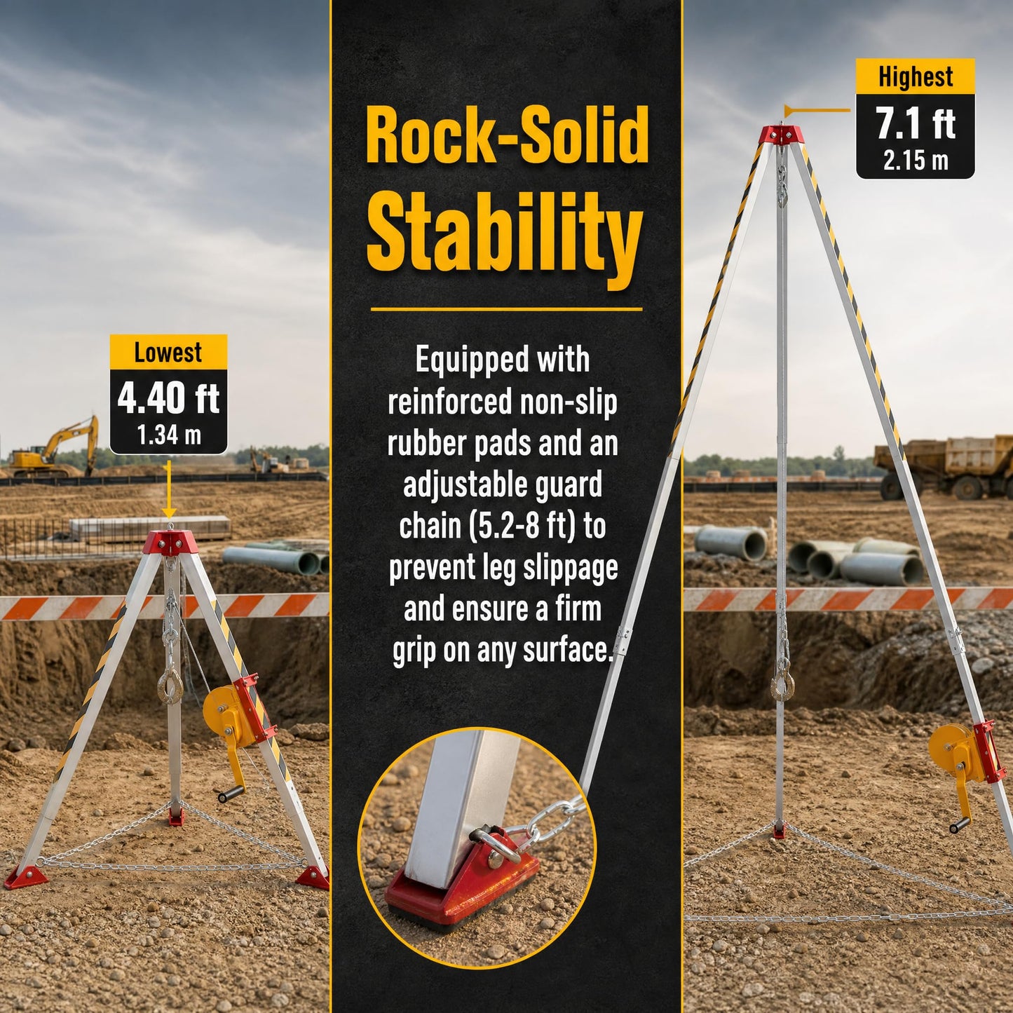 Confined Space Tripod 1800lbs Rescue Tripod Kit with 98.43ft Steel Wire Rope Fall Protection Equipment Aluminium Alloy Adjustable Height 4.40-7.1FT Lifting Winch Safety Equipment