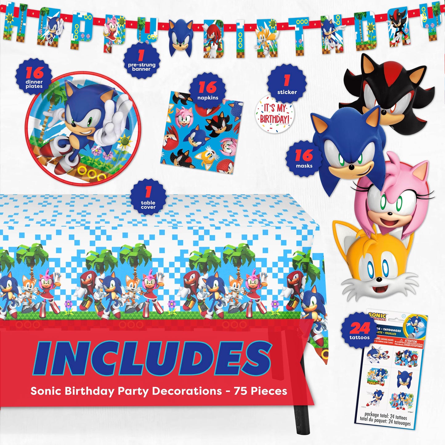 Sonic Birthday Party Decorations | Serves 16 Guests | Masks, Tattoos, Banner, Tablecloth, Plates, Napkins, Sticker | Officially Licensed