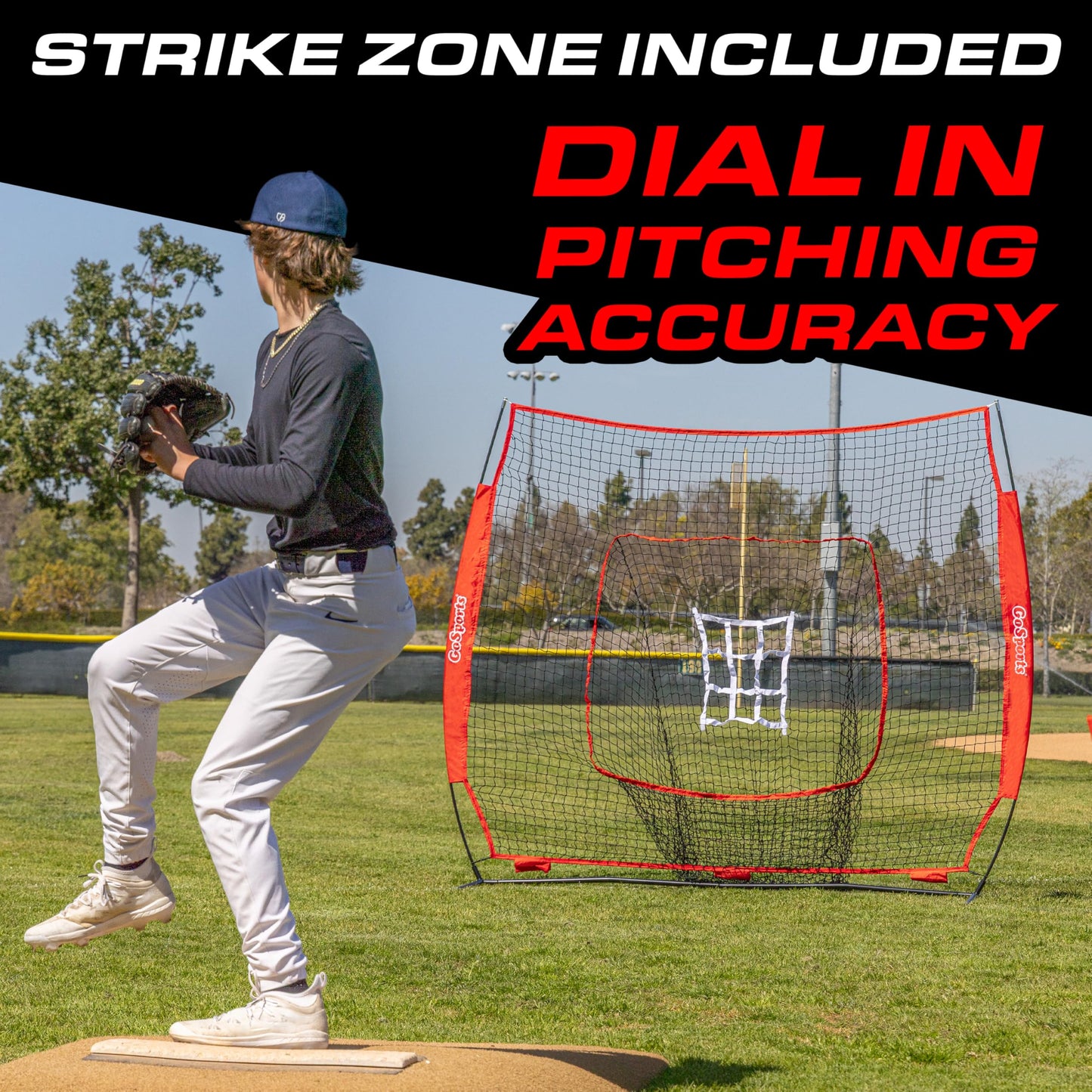 GoSports 7 ft x 7 ft Baseball & Softball Practice Hitting & Pitching Net with Bow Type Frame, Carry Bag and Strike Zone, Great for All Skill Levels