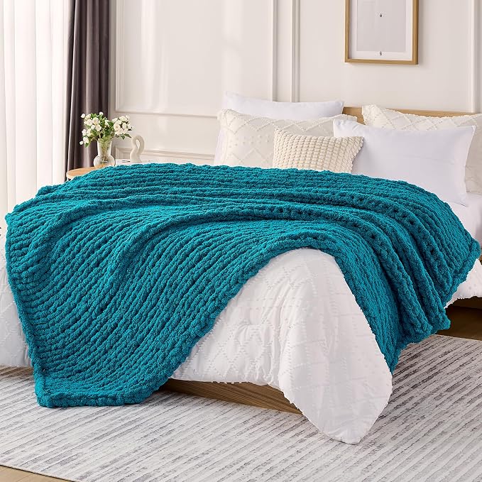 L'AGRATY Chunky Knit Blanket Throw: 60''x80'' Chenille Chunky Knitted Throw Blanket for Bed Couch - Handmade Thick Big Cable Knit Blanket - Large Crochet Rope Blankets for Home Decor(Teal)