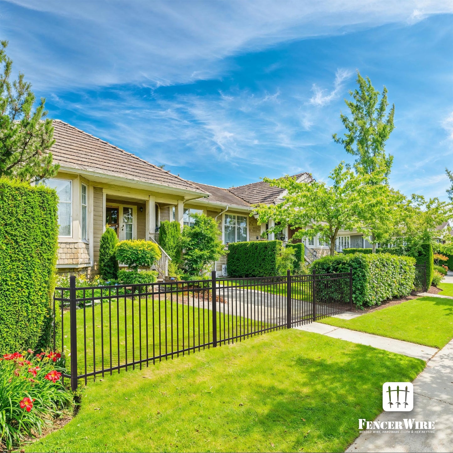 Fencer Wire 52FT Heavy Duty Flat Top Fence Barrier Kit, Anti-Rust Metal Steel Fence with 6FT Height X 6FT Width Panels, with Flat Top Gate, Posts, Connectors, Outdoor Fencing for Yard