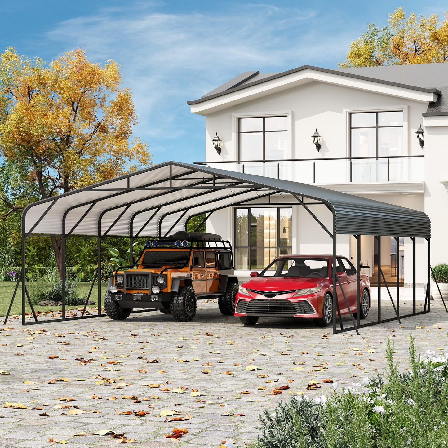 Metal Carport, Carport with Reinforced Base and Galvanized Steel Roof, Heavy Duty Garage Car Shelter Shade, Outdoor Car Port Canopy 20X25 ft