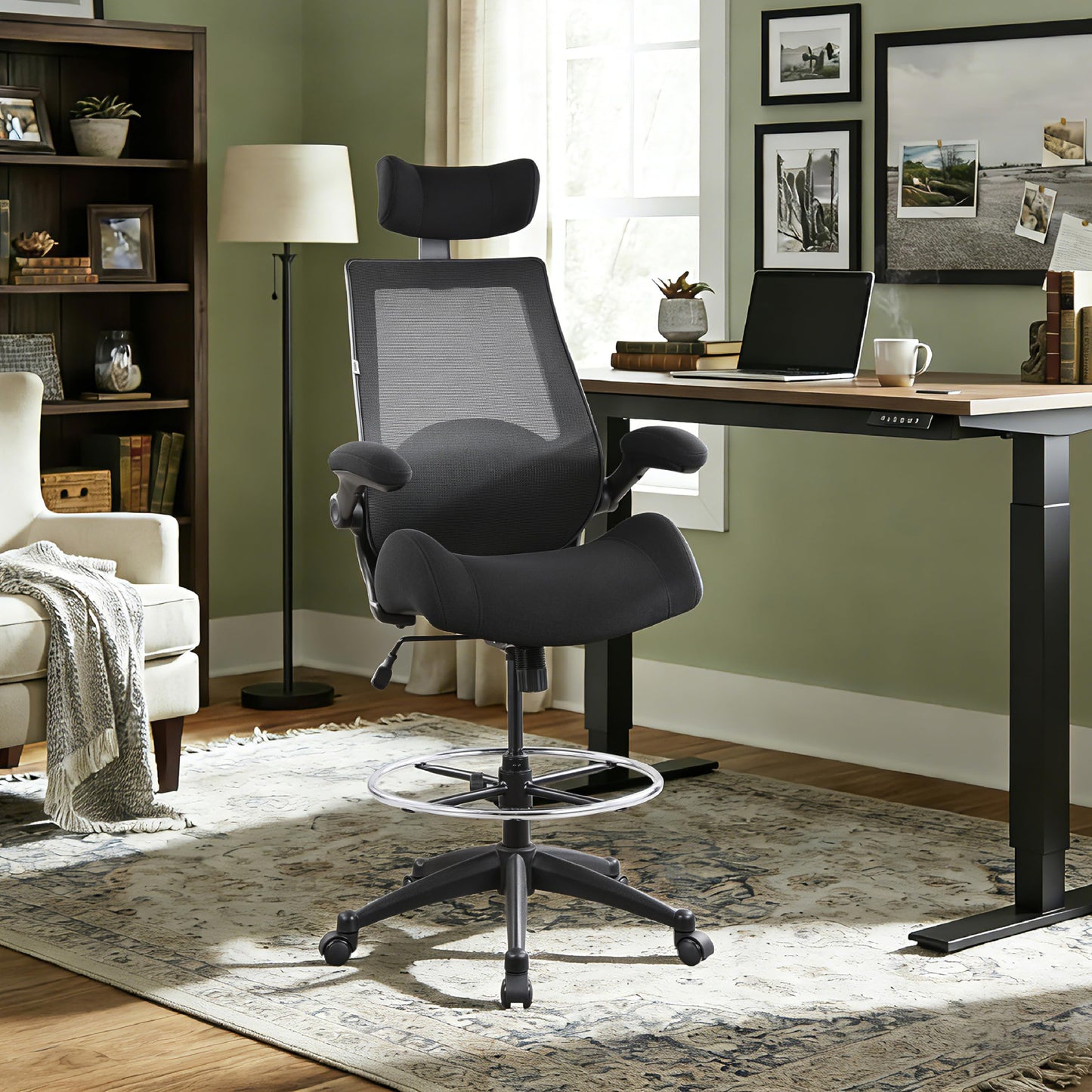 BOLISS Drafting Tall Office Chair 400lbs High Back Wide Standing Desk Chair Comfortable with Flip up Armrests Lumbar Support Adjustable Big Footrest Ring(Black)