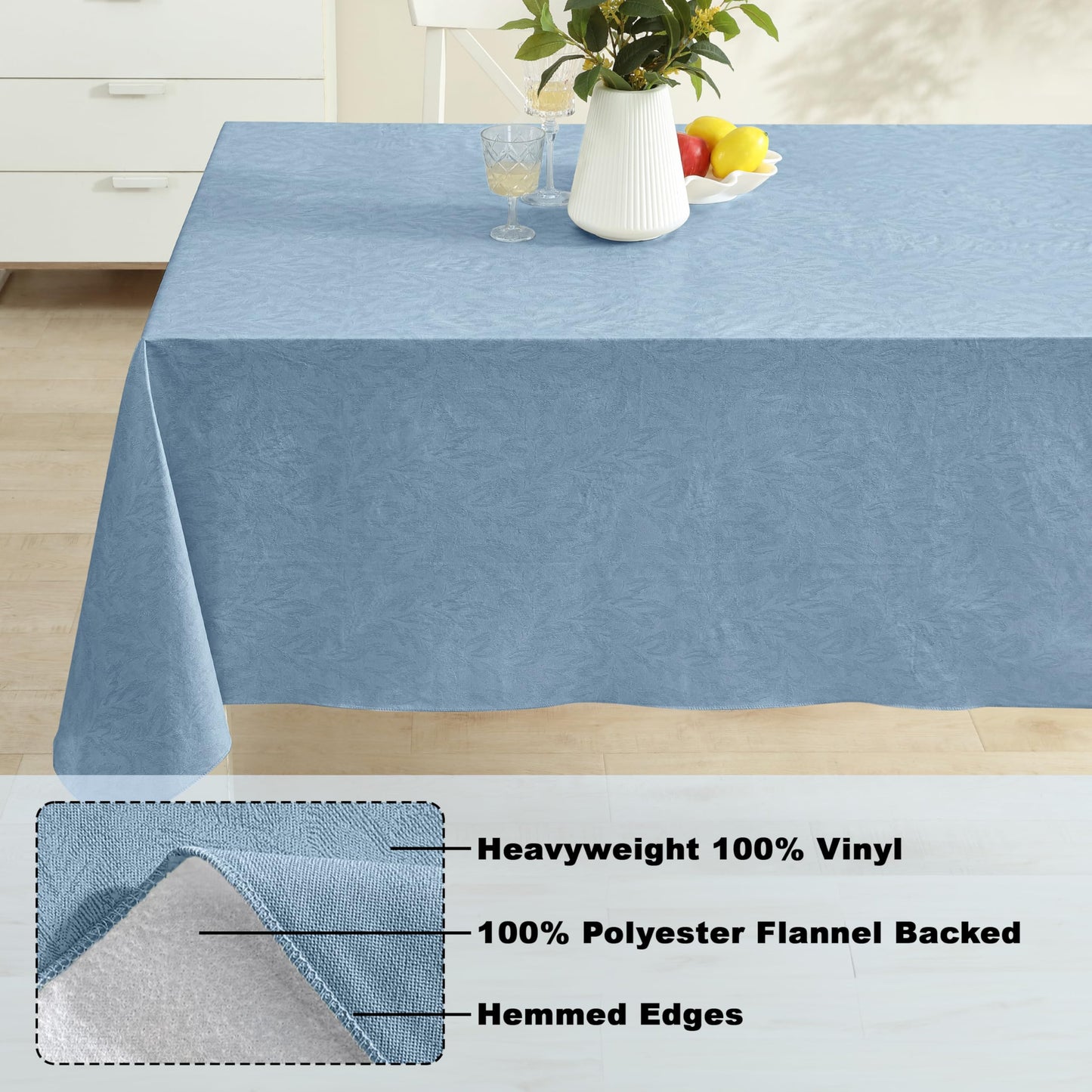 Newbridge Napa Leaf Blue Vinyl Flannel Backed Tablecloth, 60 x 84 Inch Rectangle, Hotel Quality Waterproof Indoor Outdoor Table Cover for Kitchen, Patio, Dining, BBQ