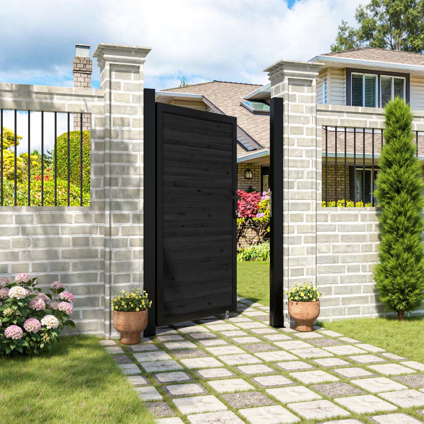 BlueWish 6 x 3 FT Cedar Wood Fence Gate Kit, Board-on-Board Privacy Fence Gate, Aluminum Frame with Security Lock System, Outdoor Garden Yard Complete Gate Kit for Backyard, Pool, Black